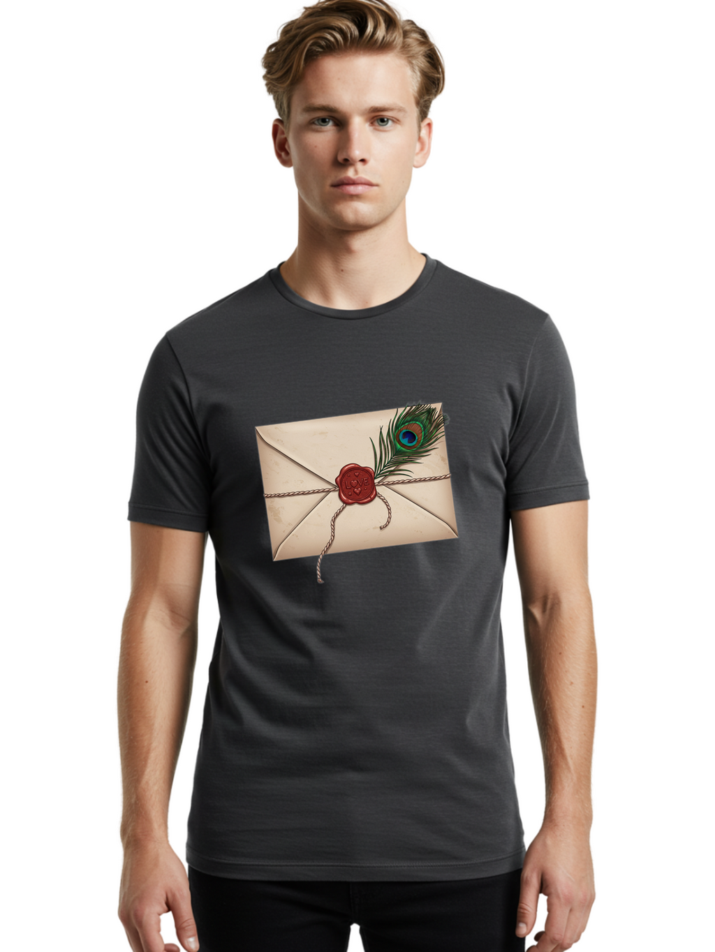 Envelope-With-Peacock-Feather-1 Men'S Graphic Tee, 100% Cotton, Comfortable Casual Summer Wear, Machine Washable, Vintage Camera, Old Camera, Antique Camera, Black Camera, Classic Photography, Photography Equipment, Nostalgic Device, Baj463