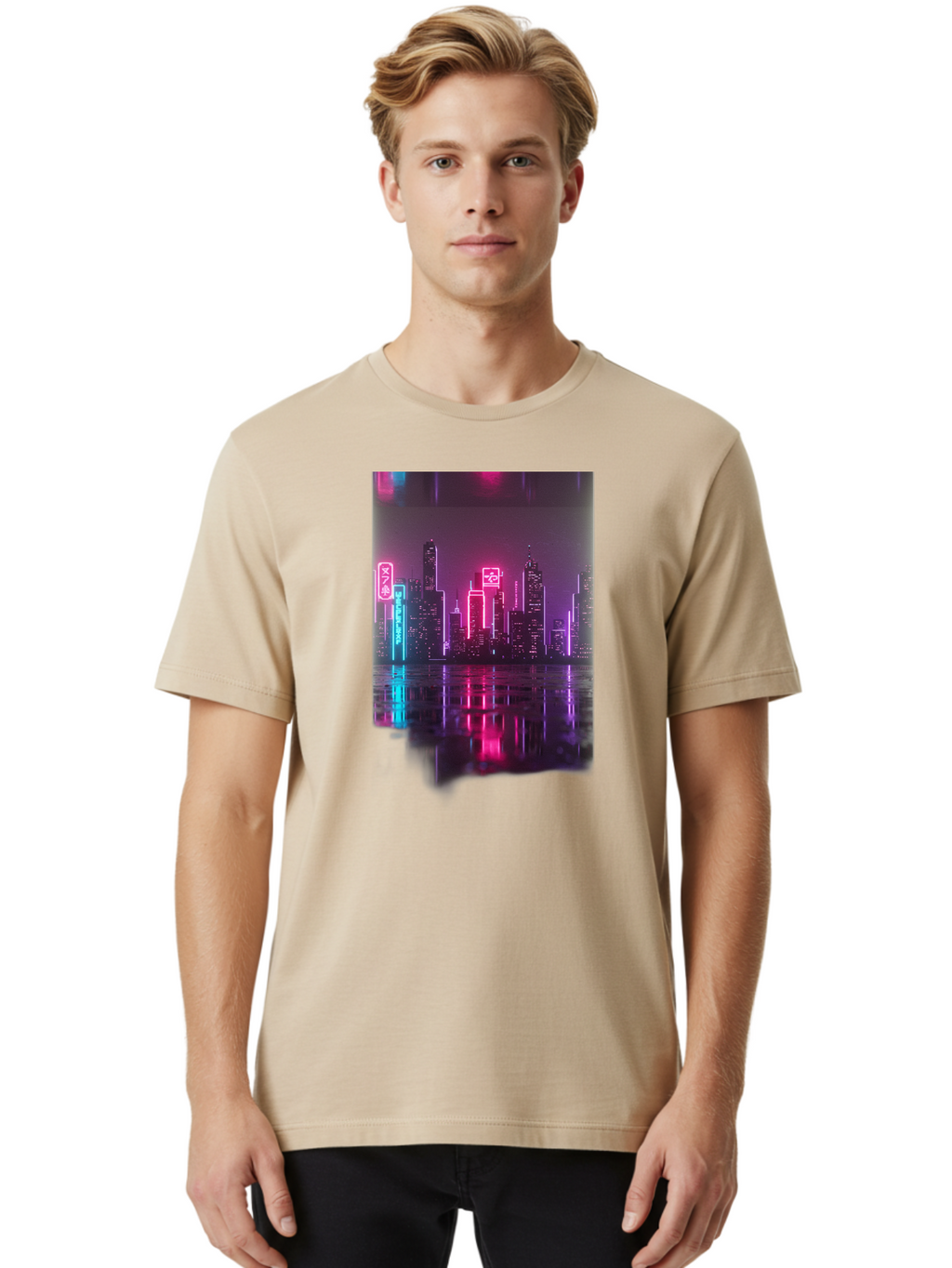 Neon-Cityscape Men'S Graphic Tee, 100% Cotton, Comfortable Casual Summer Wear, Machine Washable, Vintage Camera, Old Camera, Antique Camera, Black Camera, Classic Photography, Photography Equipment, Nostalgic Device, Film Camera, Camera Art Baj596