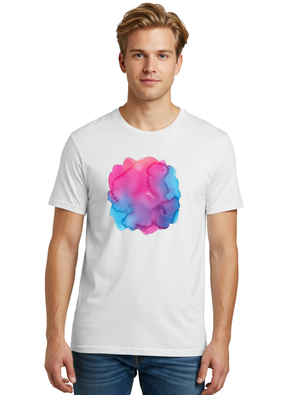 Pink-Blue-Watercolor-Splash Men'S Graphic Tee, 100% Cotton, Comfortable Casual Summer Wear, Machine Washable, Vintage Camera, Old Camera, Antique Camera, Black Camera, Classic Photography, Photography Equipment, Nostalgic Device, Film Camera, Baj658