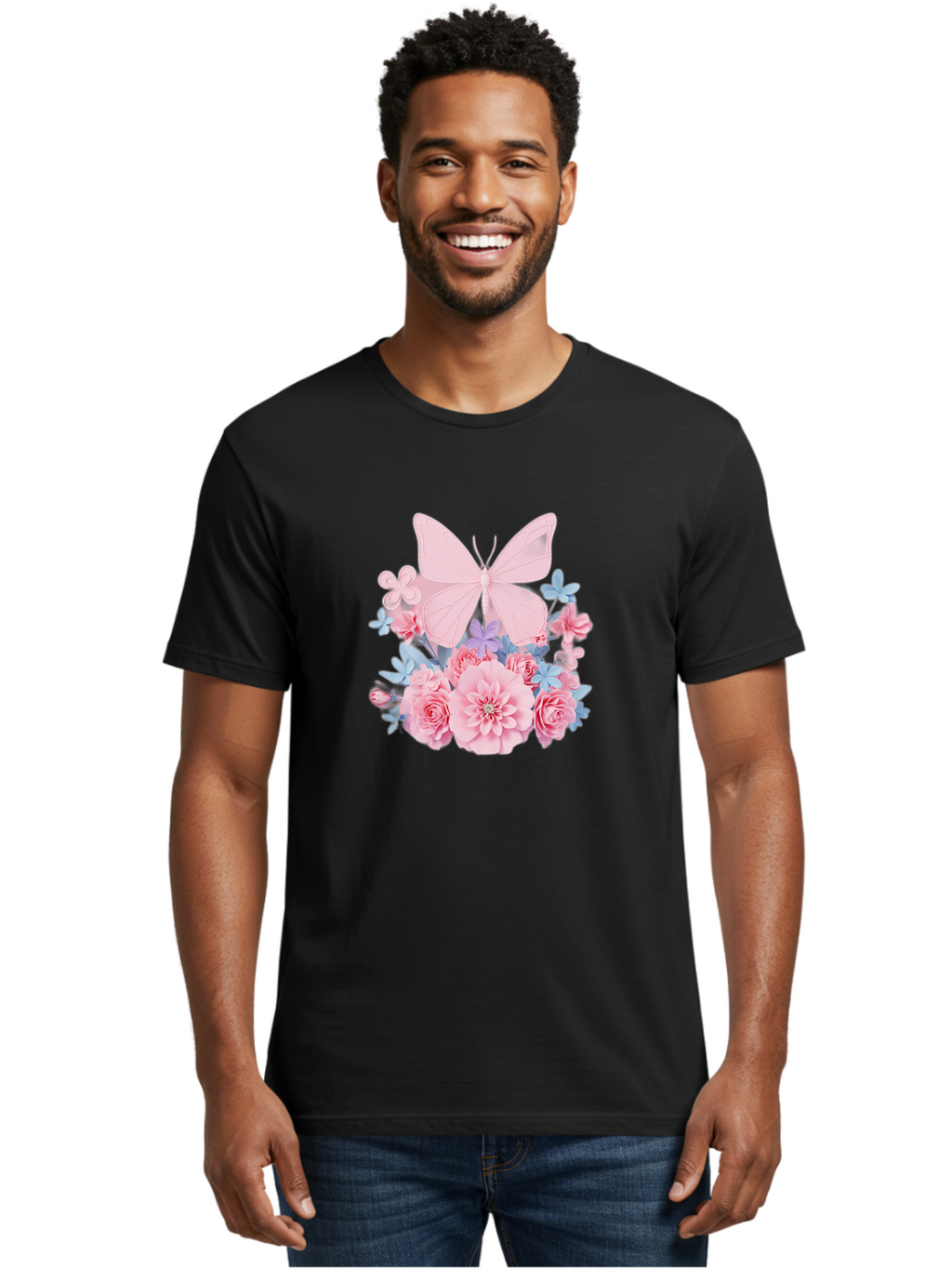 Pink-Butterfly-And-Flowers Men'S Graphic Tee, 100% Cotton, Comfortable Casual Summer Wear, Machine Washable, Vintage Camera, Old Camera, Antique Camera, Black Camera, Classic Photography, Photography Equipment, Nostalgic Device, Film Camera, Baj659