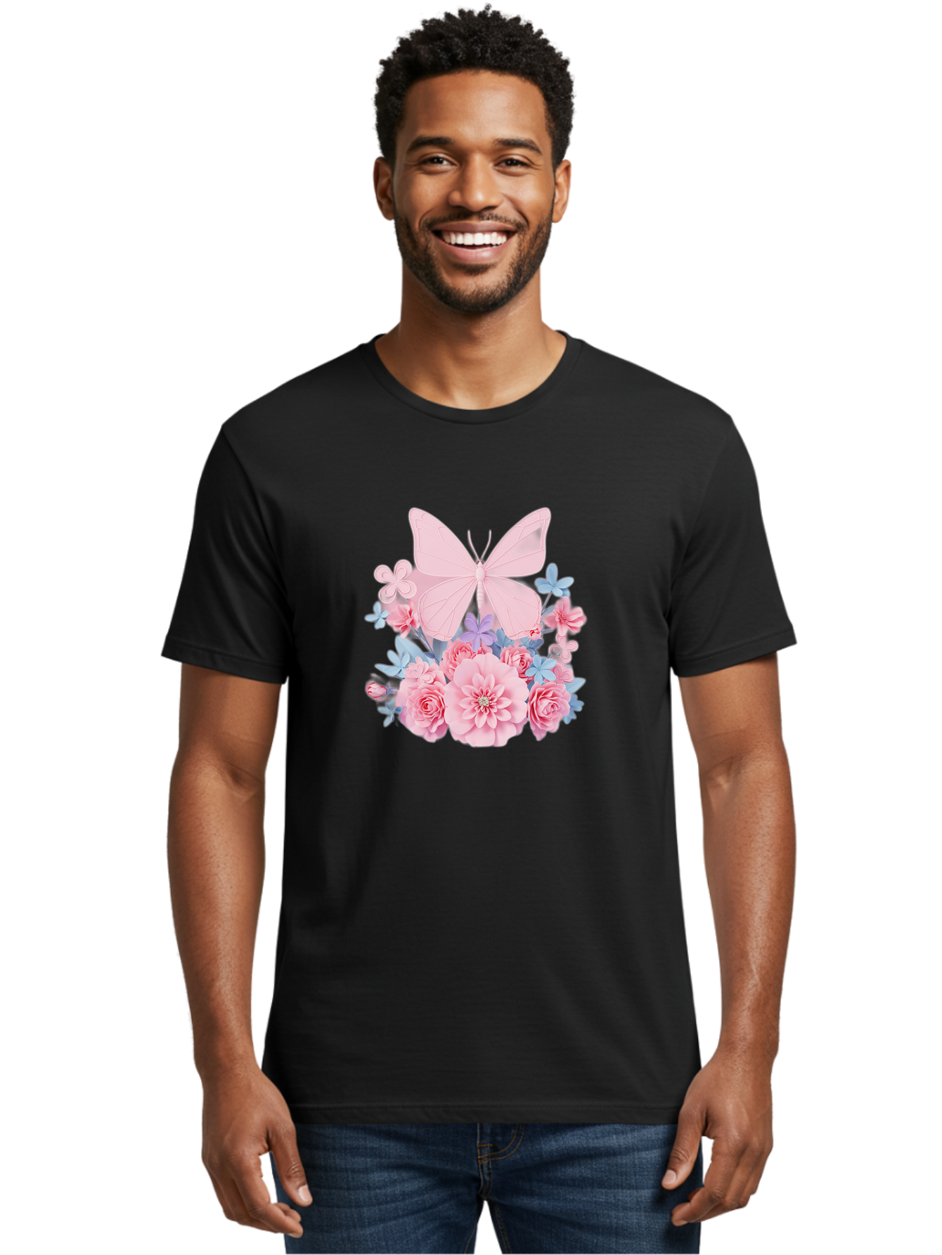 Pink-Butterfly-And-Flowers Men'S Graphic Tee, 100% Cotton, Comfortable Casual Summer Wear, Machine Washable, Vintage Camera, Old Camera, Antique Camera, Black Camera, Classic Photography, Photography Equipment, Nostalgic Device, Film Camera, Baj659