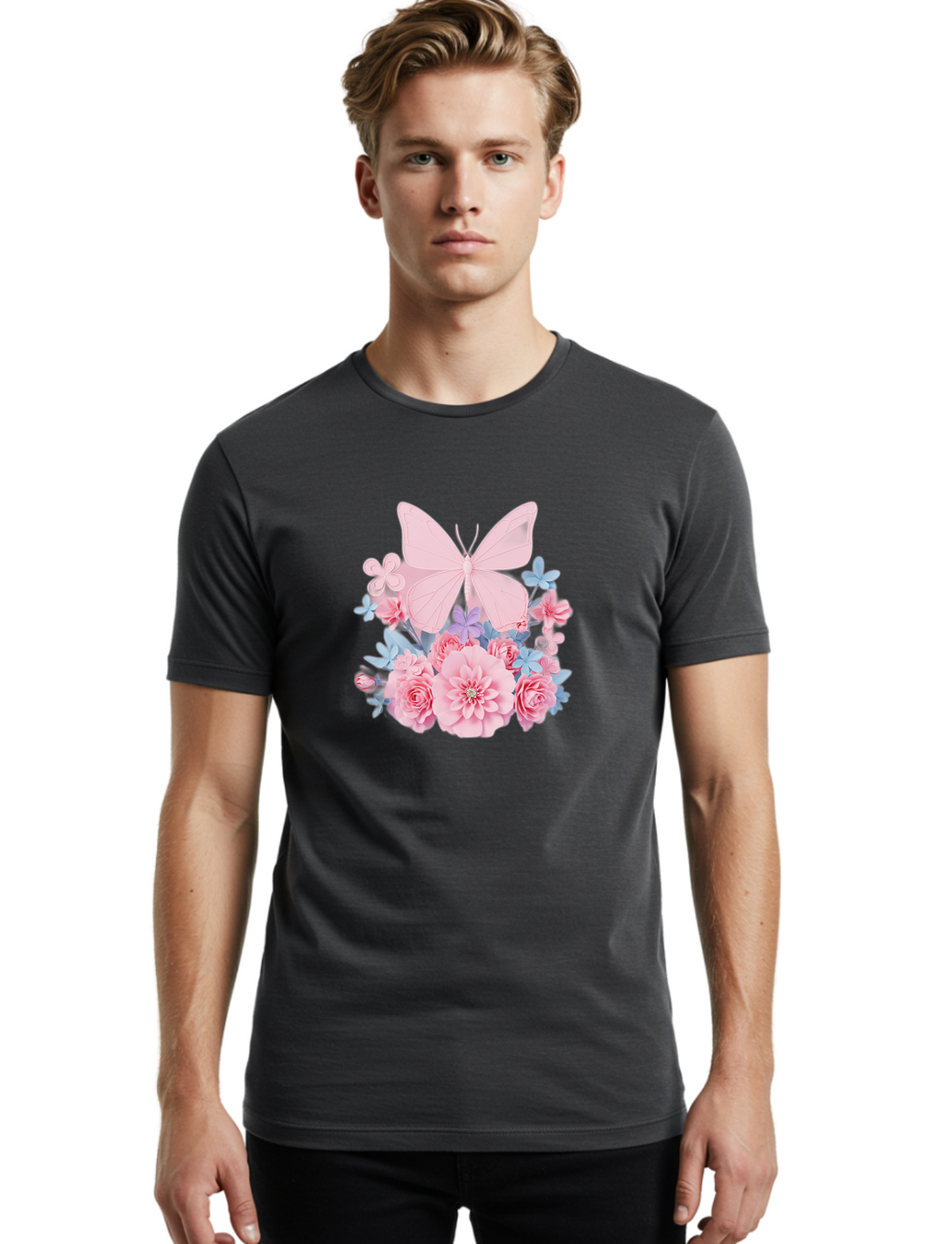 Pink-Butterfly-And-Flowers Men'S Graphic Tee, 100% Cotton, Comfortable Casual Summer Wear, Machine Washable, Vintage Camera, Old Camera, Antique Camera, Black Camera, Classic Photography, Photography Equipment, Nostalgic Device, Film Camera, Baj659