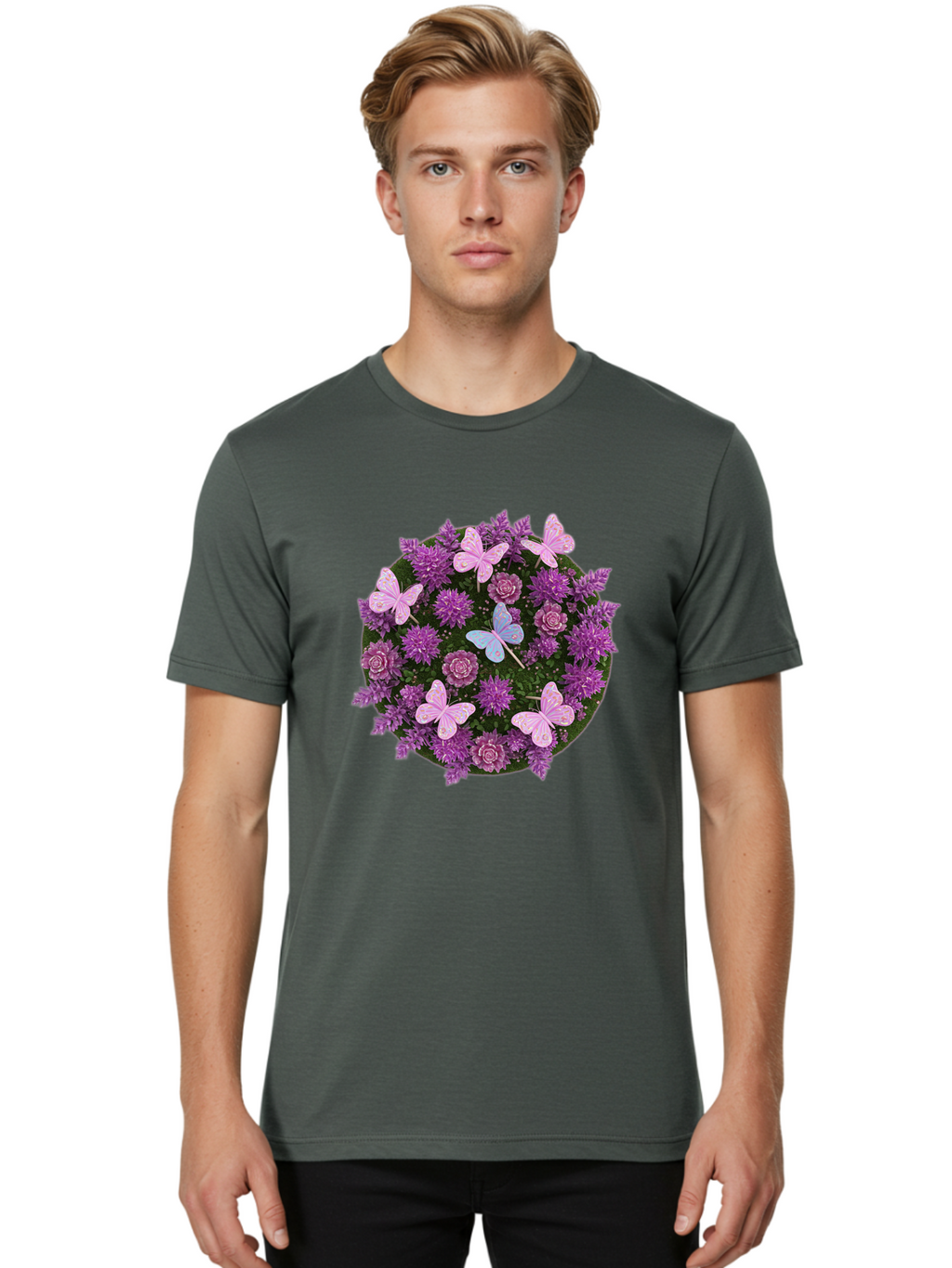Purple-Flowers-With-Butterflies Men'S Graphic Tee, 100% Cotton, Comfortable Casual Summer Wear, Machine Washable, Vintage Camera, Old Camera, Antique Camera, Black Camera, Classic Photography, Photography Equipment, Nostalgic Device, Baj713