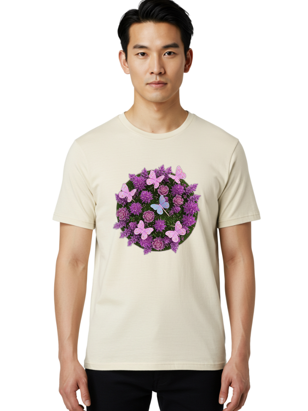 Purple-Flowers-With-Butterflies Men'S Graphic Tee, 100% Cotton, Comfortable Casual Summer Wear, Machine Washable, Vintage Camera, Old Camera, Antique Camera, Black Camera, Classic Photography, Photography Equipment, Nostalgic Device, Baj713