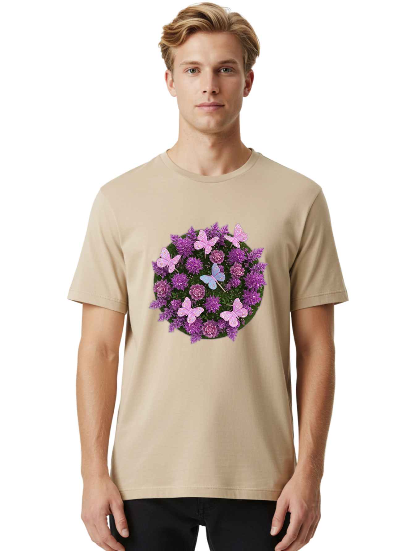 Purple-Flowers-With-Butterflies Men'S Graphic Tee, 100% Cotton, Comfortable Casual Summer Wear, Machine Washable, Vintage Camera, Old Camera, Antique Camera, Black Camera, Classic Photography, Photography Equipment, Nostalgic Device, Baj713