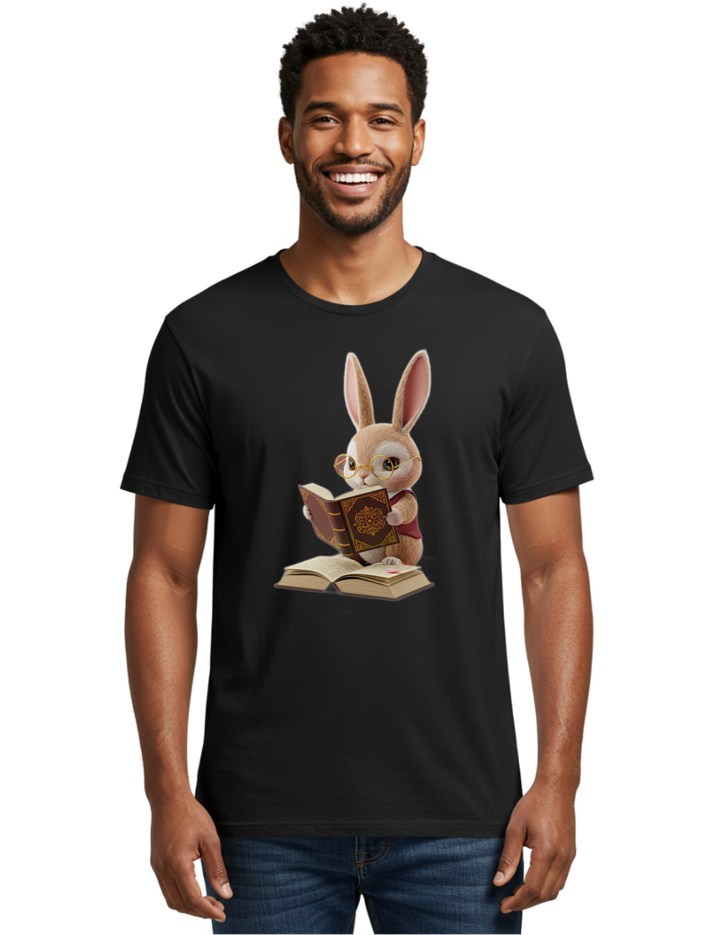 Rabbit-Reading-Book-1 Men'S Graphic Tee, 100% Cotton, Comfortable Casual Summer Wear, Machine Washable, Vintage Camera, Old Camera, Antique Camera, Black Camera, Classic Photography, Photography Equipment, Nostalgic Device, Film Camera, Baj723