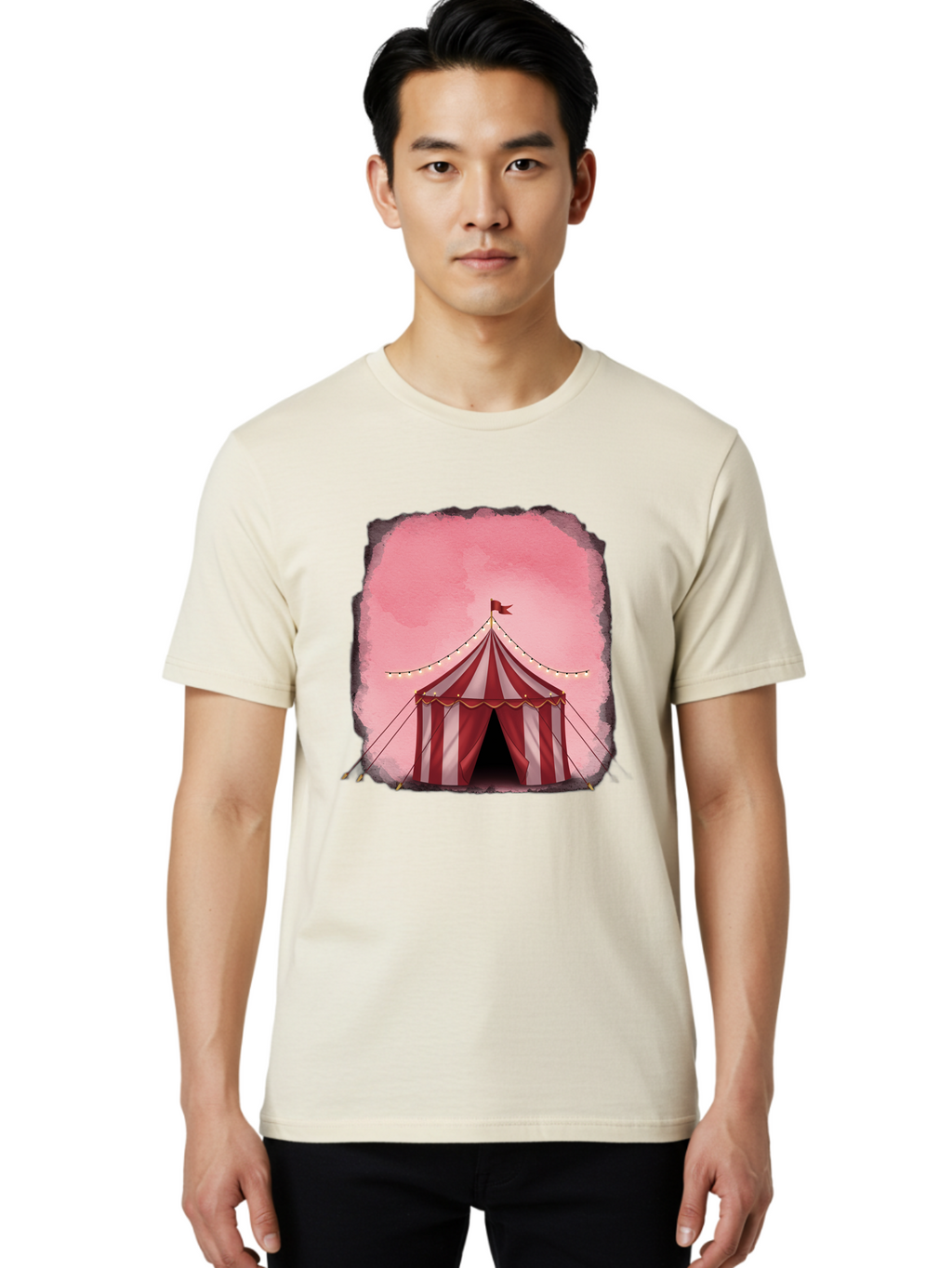 Red-And-White-Striped-Tent Men'S Graphic Tee, 100% Cotton, Comfortable Casual Summer Wear, Machine Washable, Vintage Camera, Old Camera, Antique Camera, Black Camera, Classic Photography, Photography Equipment, Nostalgic Device, Film Camera, Baj746
