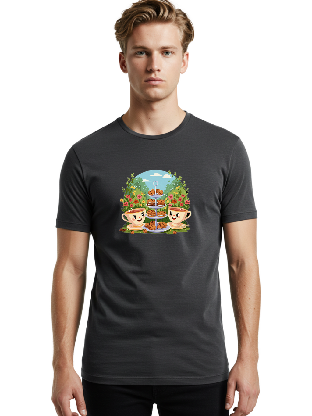 Smiling-Teacups-With-Cookies Men'S Graphic Tee, 100% Cotton, Comfortable Casual Summer Wear, Machine Washable, Vintage Camera, Old Camera, Antique Camera, Black Camera, Classic Photography, Photography Equipment, Nostalgic Device, Film Camera, Baj789