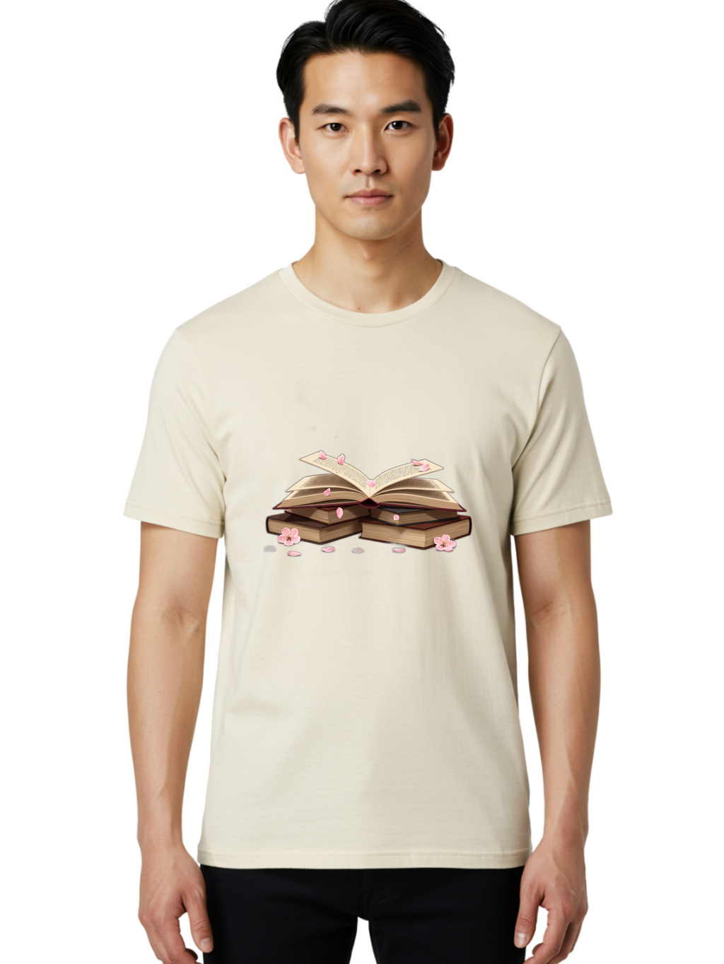 Stacked-Books-With-Cherry-Blossoms Men'S Graphic Tee, 100% Cotton, Comfortable Casual Summer Wear, Machine Washable, Vintage Camera, Old Camera, Antique Camera, Black Camera, Classic Photography, Photography Equipment, Nostalgic Device, Baj794