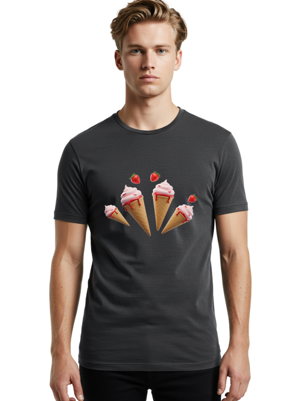 Strawberry-Ice-Cream-Cones-2 Men'S Graphic Tee, 100% Cotton, Comfortable Casual Summer Wear, Machine Washable, Vintage Camera, Old Camera, Antique Camera, Black Camera, Classic Photography, Photography Equipment, Nostalgic Device, Film Camera, Baj804