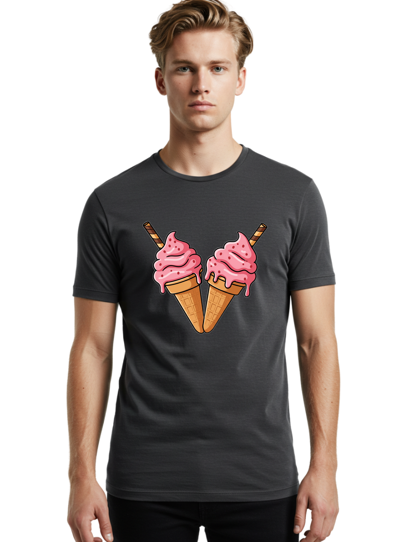 Twin-Ice-Cream-Cones Men'S Graphic Tee, 100% Cotton, Comfortable Casual Summer Wear, Machine Washable, Vintage Camera, Old Camera, Antique Camera, Black Camera, Classic Photography, Photography Equipment, Nostalgic Device, Film Camera, Baj830