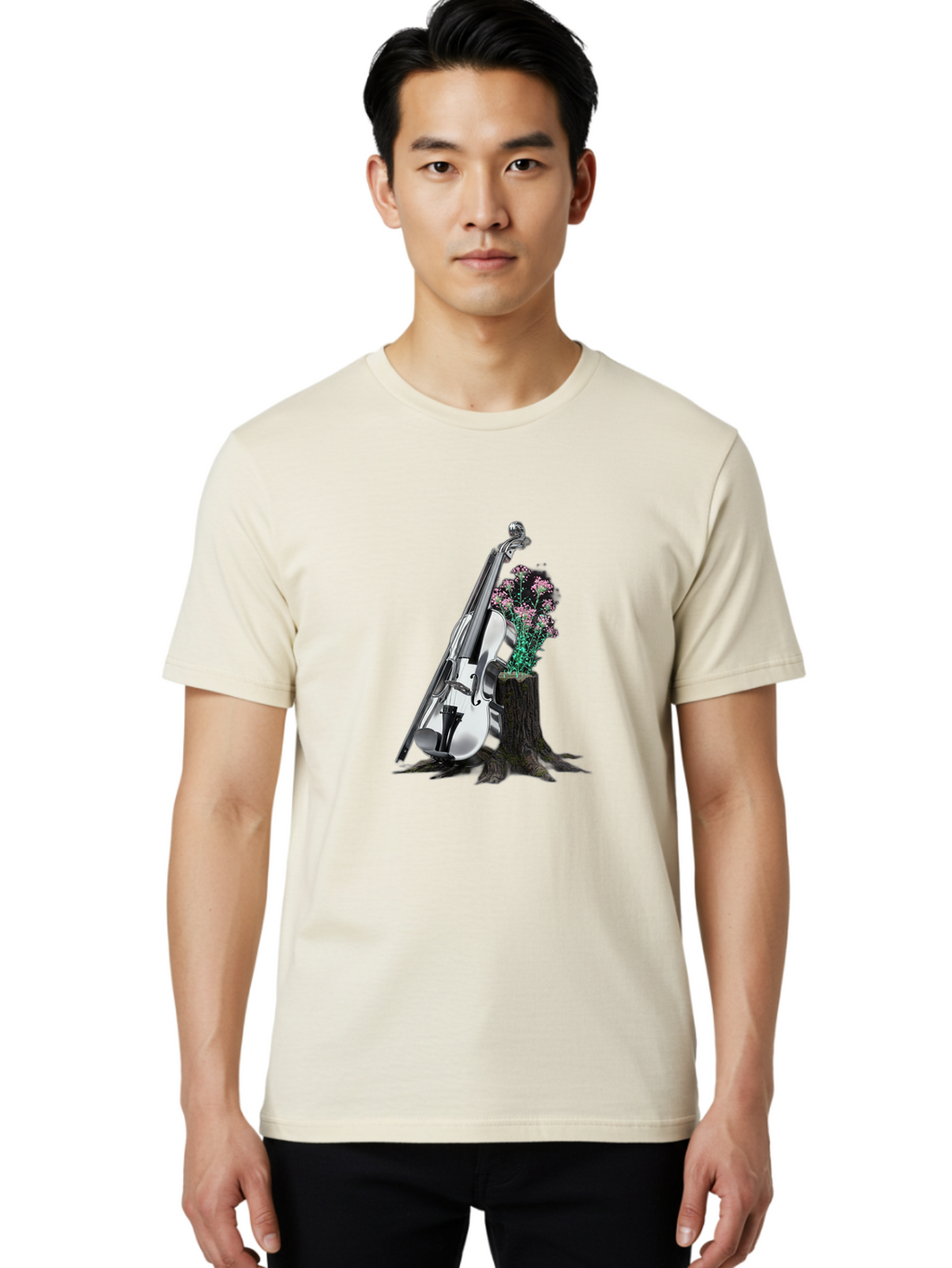 Violin-On-Tree-Stump-1 Men'S Graphic Tee, 100% Cotton, Comfortable Casual Summer Wear, Machine Washable, Vintage Camera, Old Camera, Antique Camera, Black Camera, Classic Photography, Photography Equipment, Nostalgic Device, Film Camera, Baj851
