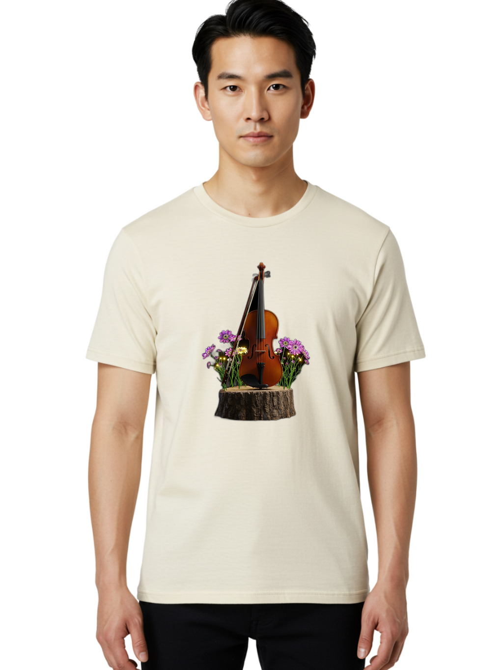 Violin-On-Tree-Stump-2 Men'S Graphic Tee, 100% Cotton, Comfortable Casual Summer Wear, Machine Washable, Vintage Camera, Old Camera, Antique Camera, Black Camera, Classic Photography, Photography Equipment, Nostalgic Device, Film Camera, Baj852