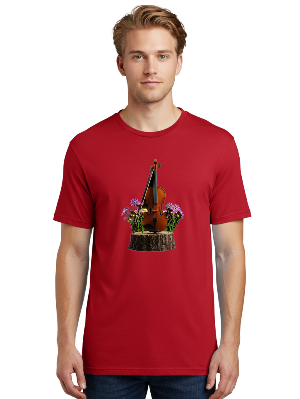 Violin-On-Tree-Stump-2 Men'S Graphic Tee, 100% Cotton, Comfortable Casual Summer Wear, Machine Washable, Vintage Camera, Old Camera, Antique Camera, Black Camera, Classic Photography, Photography Equipment, Nostalgic Device, Film Camera, Baj852