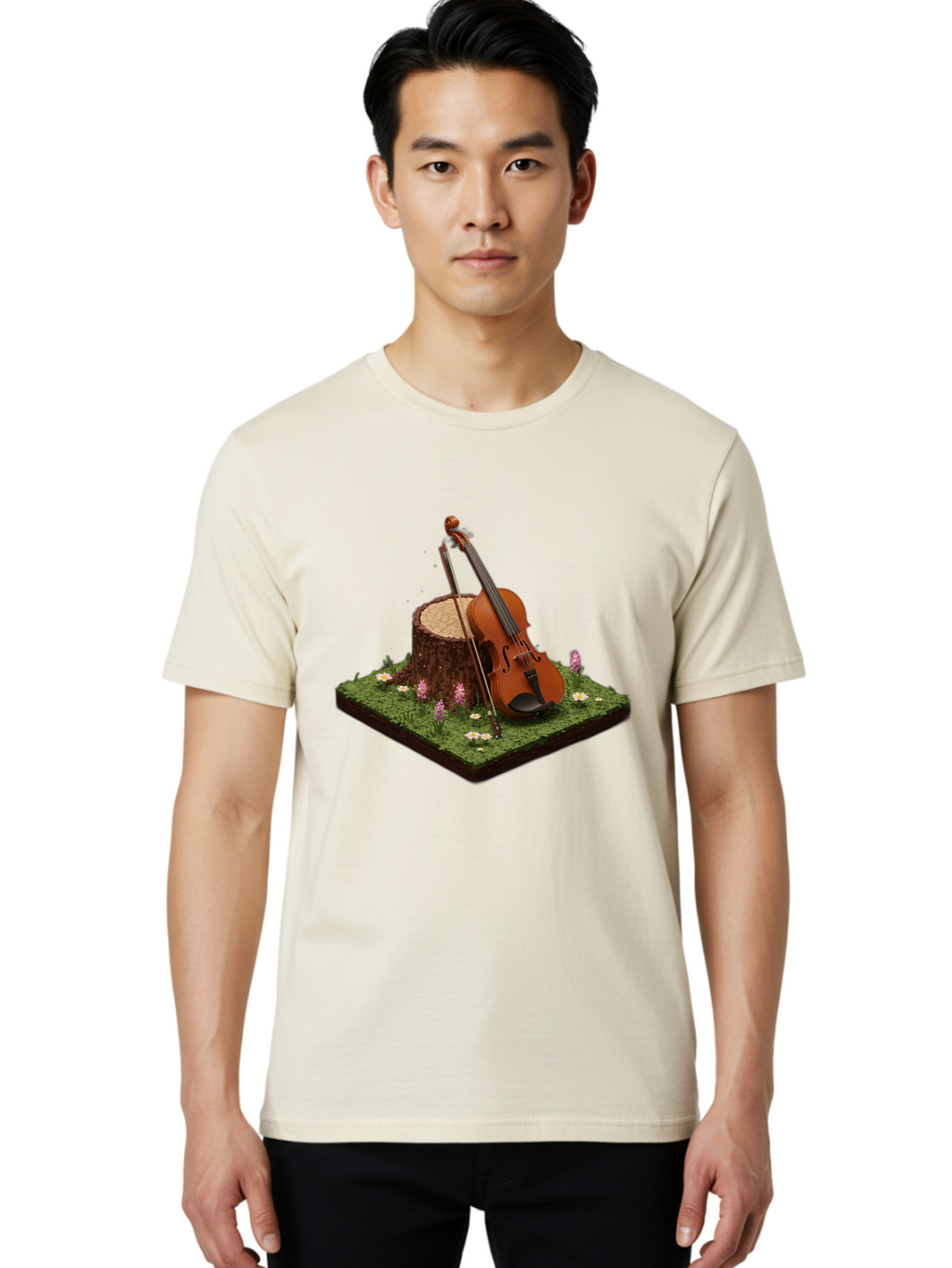 Violin-On-Tree-Stump-4 Men'S Graphic Tee, 100% Cotton, Comfortable Casual Summer Wear, Machine Washable, Vintage Camera, Old Camera, Antique Camera, Black Camera, Classic Photography, Photography Equipment, Nostalgic Device, Film Camera, Baj854