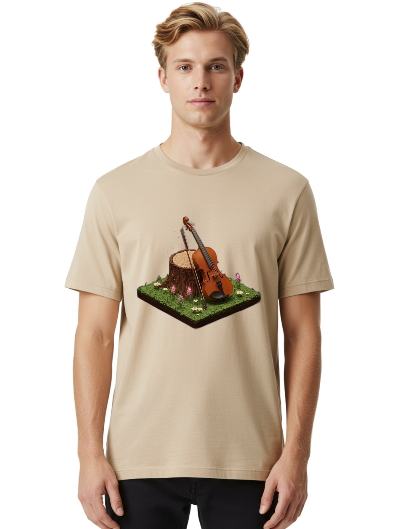 Violin-On-Tree-Stump-4 Men'S Graphic Tee, 100% Cotton, Comfortable Casual Summer Wear, Machine Washable, Vintage Camera, Old Camera, Antique Camera, Black Camera, Classic Photography, Photography Equipment, Nostalgic Device, Film Camera, Baj854
