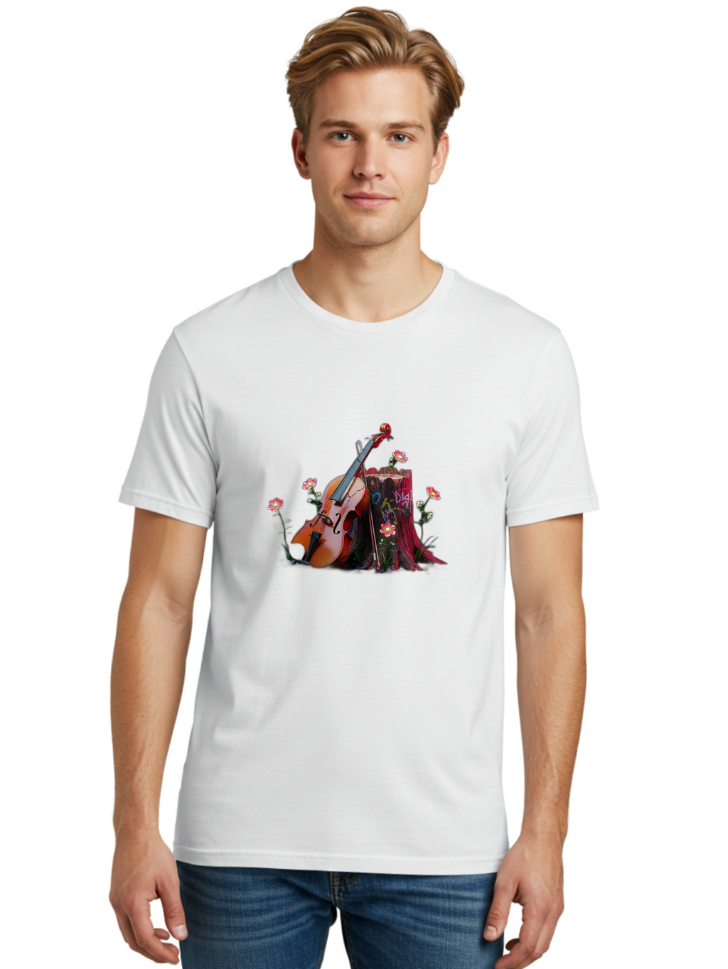 Violin-On-Tree-Stump-5 Men'S Graphic Tee, 100% Cotton, Comfortable Casual Summer Wear, Machine Washable, Vintage Camera, Old Camera, Antique Camera, Black Camera, Classic Photography, Photography Equipment, Nostalgic Device, Film Camera, Baj855