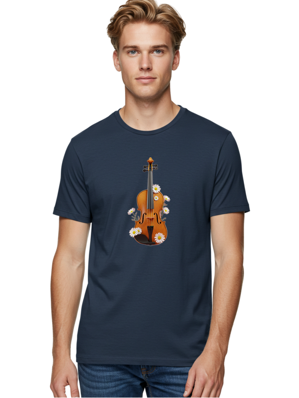 Violin-With-Daisies-1 Men'S Graphic Tee, 100% Cotton, Comfortable Casual Summer Wear, Machine Washable, Vintage Camera, Old Camera, Antique Camera, Black Camera, Classic Photography, Photography Equipment, Nostalgic Device, Film Camera, Baj858