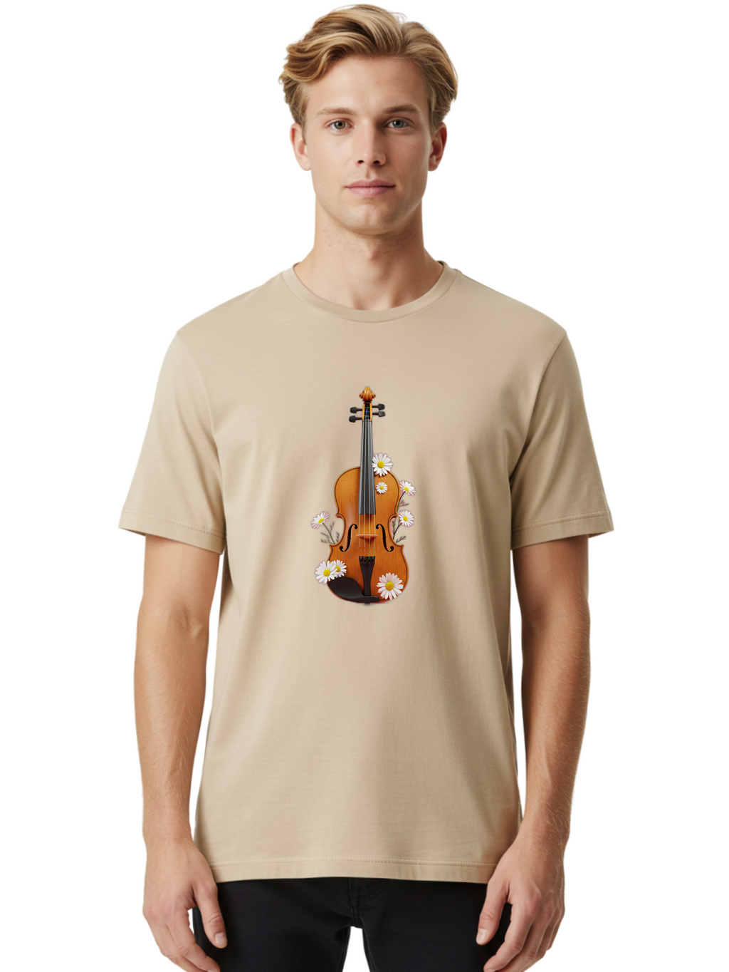 Violin-With-Daisies-1 Men'S Graphic Tee, 100% Cotton, Comfortable Casual Summer Wear, Machine Washable, Vintage Camera, Old Camera, Antique Camera, Black Camera, Classic Photography, Photography Equipment, Nostalgic Device, Film Camera, Baj858