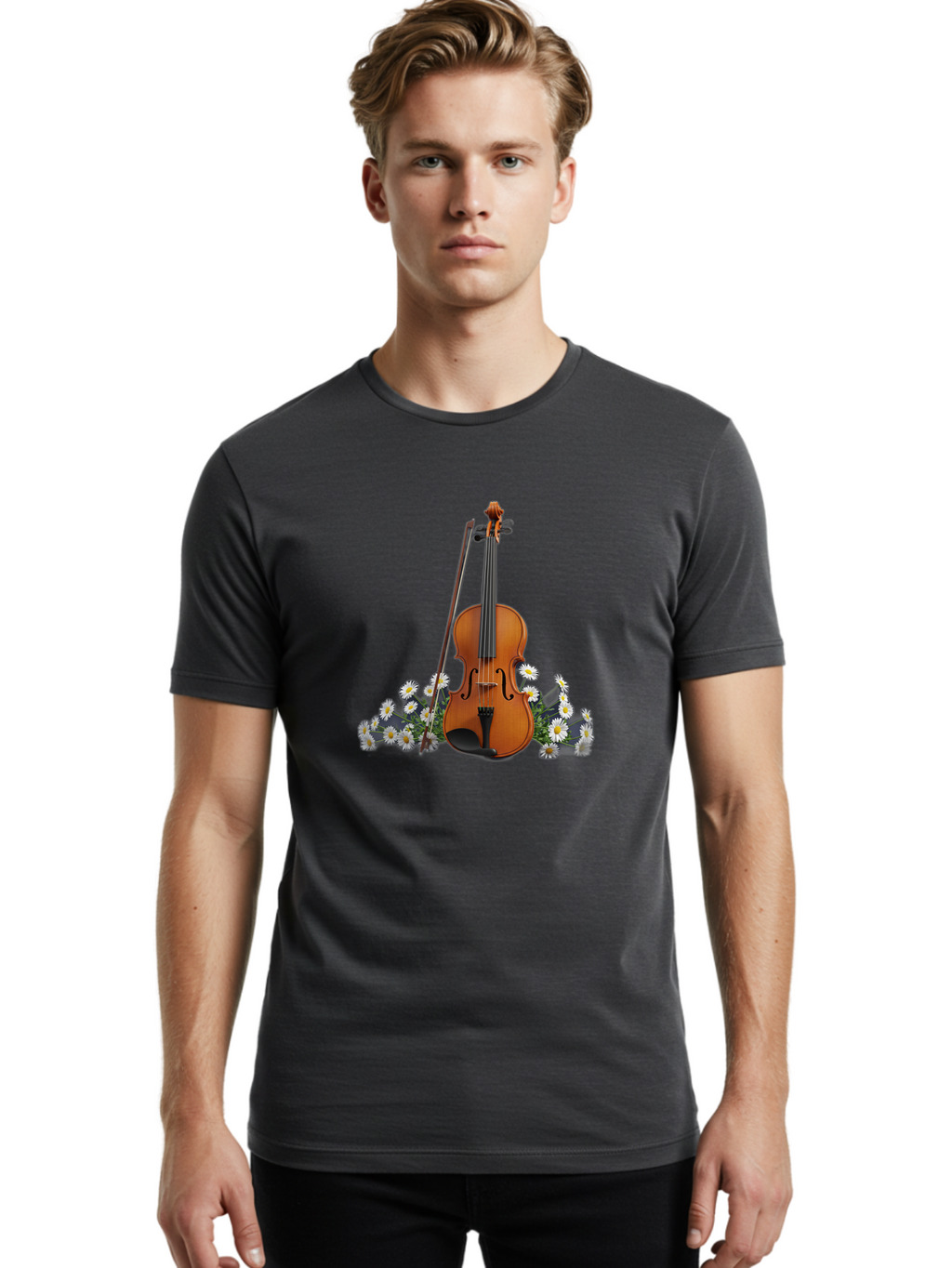 Violin-With-Daisies-2 Men'S Graphic Tee, 100% Cotton, Comfortable Casual Summer Wear, Machine Washable, Vintage Camera, Old Camera, Antique Camera, Black Camera, Classic Photography, Photography Equipment, Nostalgic Device, Film Camera, Baj859