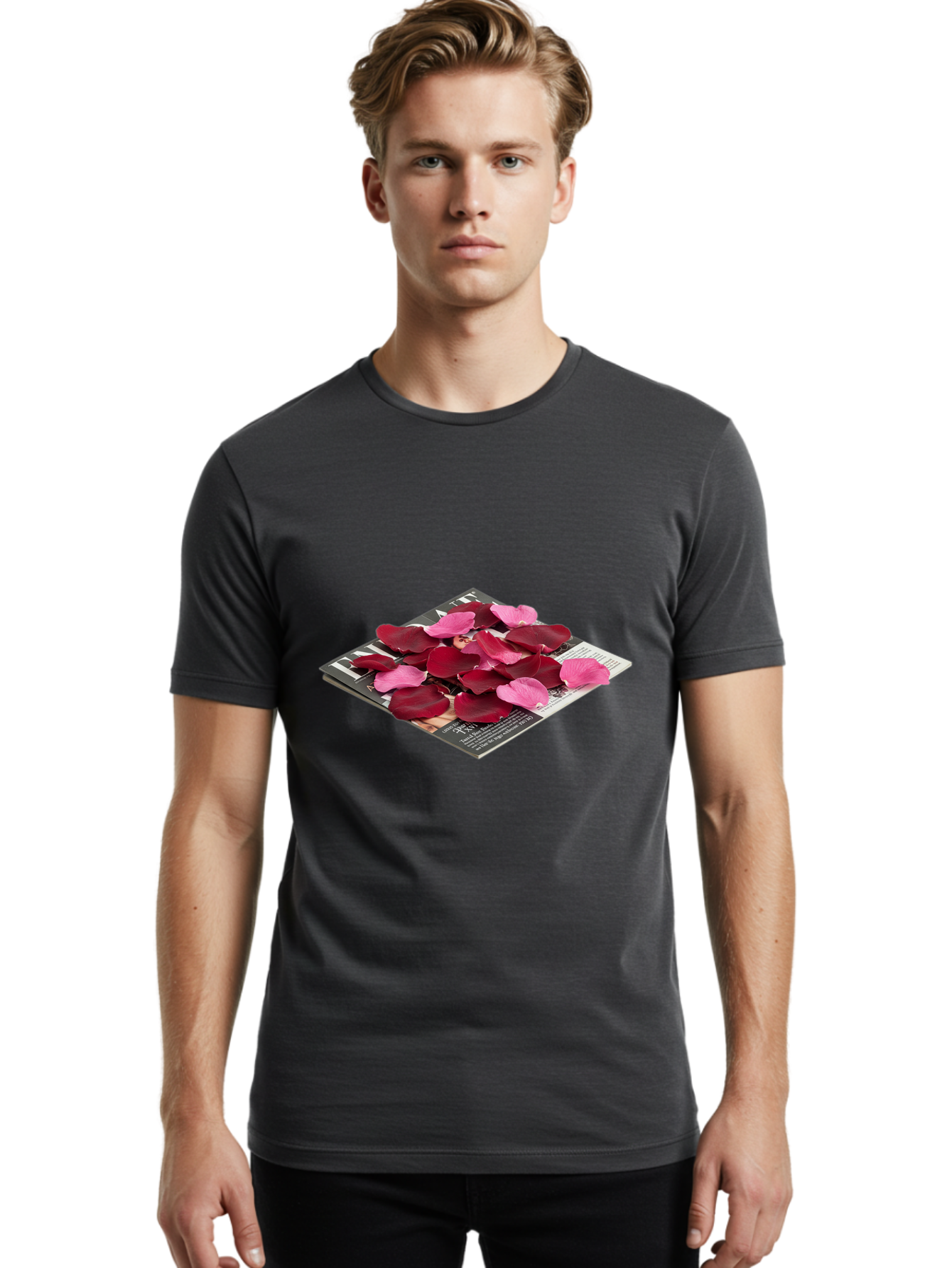 Vogue-Magazine-With-Rose-Petals Men'S Graphic Tee, 100% Cotton, Comfortable Casual Summer Wear, Machine Washable, Vintage Camera, Old Camera, Antique Camera, Black Camera, Classic Photography, Photography Equipment, Nostalgic Device, Baj866