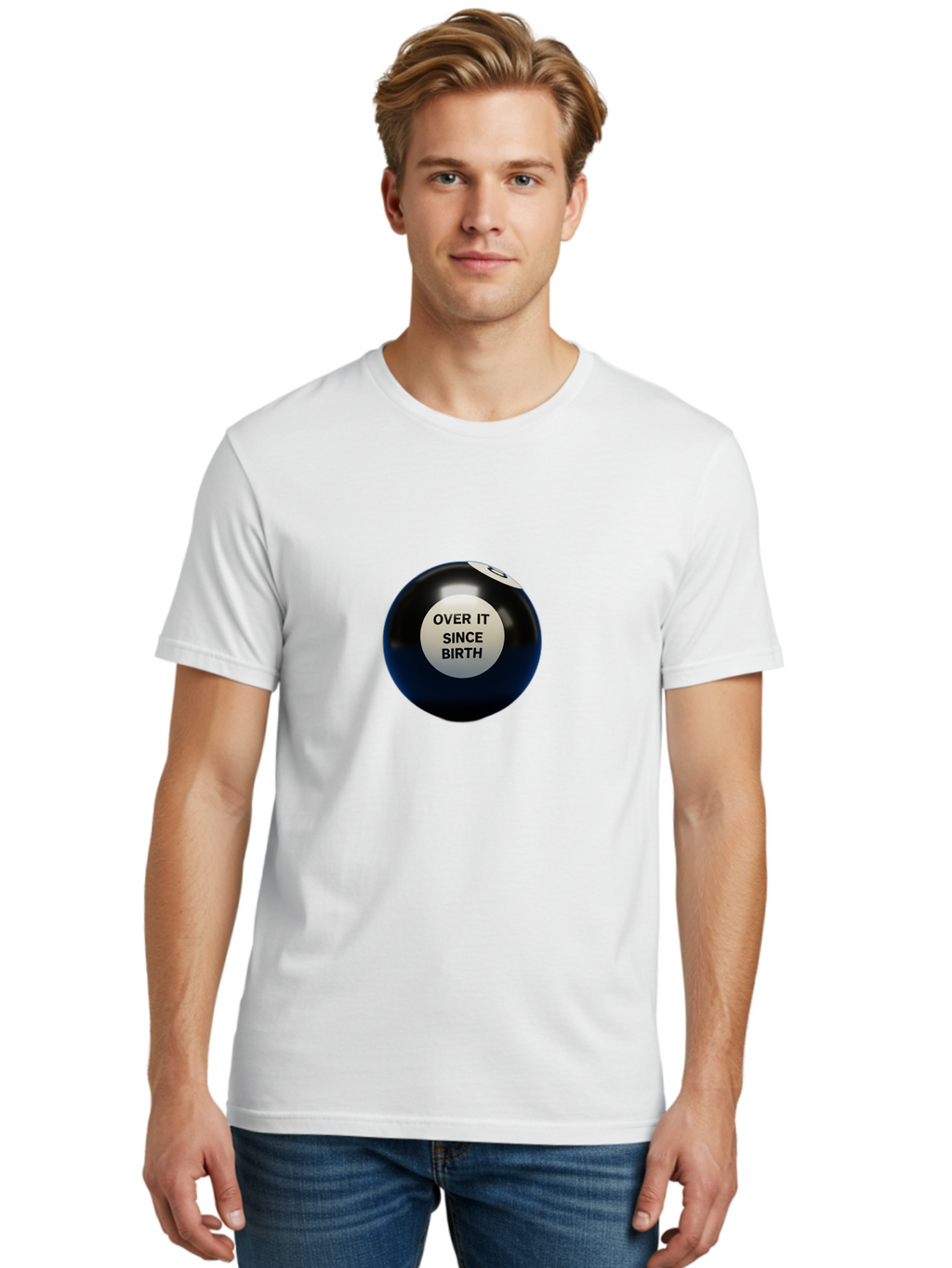 8-Ball-With-Over-It-Since-Birth-Text Men'S Graphic Tee, 100% Cotton, Comfortable Casual Summer Wear, Machine Washable, Vintage Camera, Old Camera, Antique Camera, Black Camera, Classic Photography, Photography Equipment, Nostalgic Device, Baj903