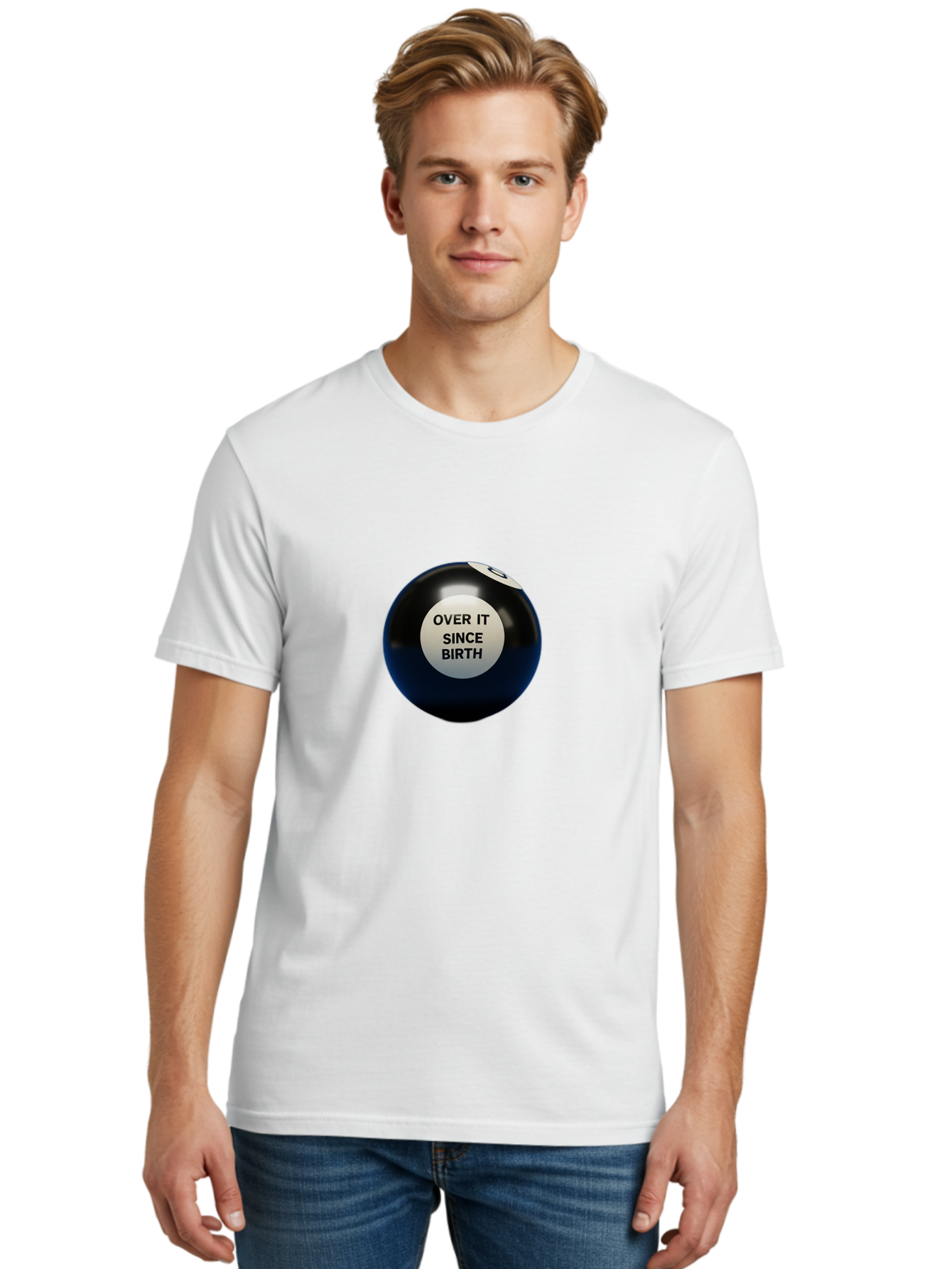 8-Ball-With-Over-It-Since-Birth-Text Men'S Graphic Tee, 100% Cotton, Comfortable Casual Summer Wear, Machine Washable, Vintage Camera, Old Camera, Antique Camera, Black Camera, Classic Photography, Photography Equipment, Nostalgic Device, Baj903