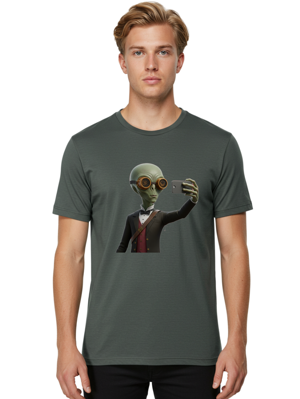 Alien-Taking-Selfie Men'S Graphic Tee, 100% Cotton, Comfortable Casual Summer Wear, Machine Washable, Vintage Camera, Old Camera, Antique Camera, Black Camera, Classic Photography, Photography Equipment, Nostalgic Device, Film Camera, Baj925