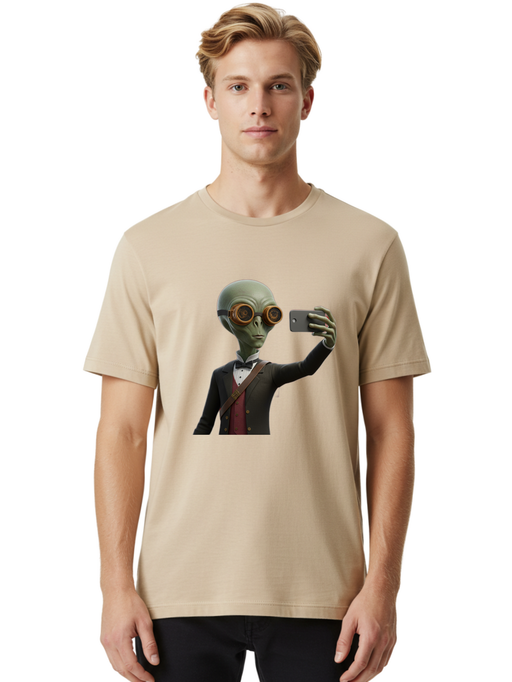 Alien-Taking-Selfie Men'S Graphic Tee, 100% Cotton, Comfortable Casual Summer Wear, Machine Washable, Vintage Camera, Old Camera, Antique Camera, Black Camera, Classic Photography, Photography Equipment, Nostalgic Device, Film Camera, Baj925