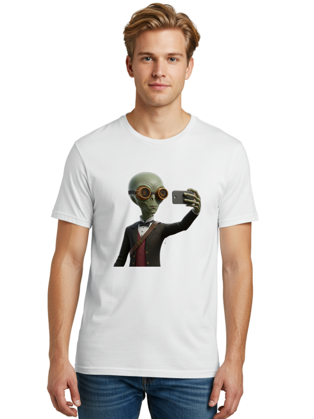 Alien-Taking-Selfie Men'S Graphic Tee, 100% Cotton, Comfortable Casual Summer Wear, Machine Washable, Vintage Camera, Old Camera, Antique Camera, Black Camera, Classic Photography, Photography Equipment, Nostalgic Device, Film Camera, Baj925
