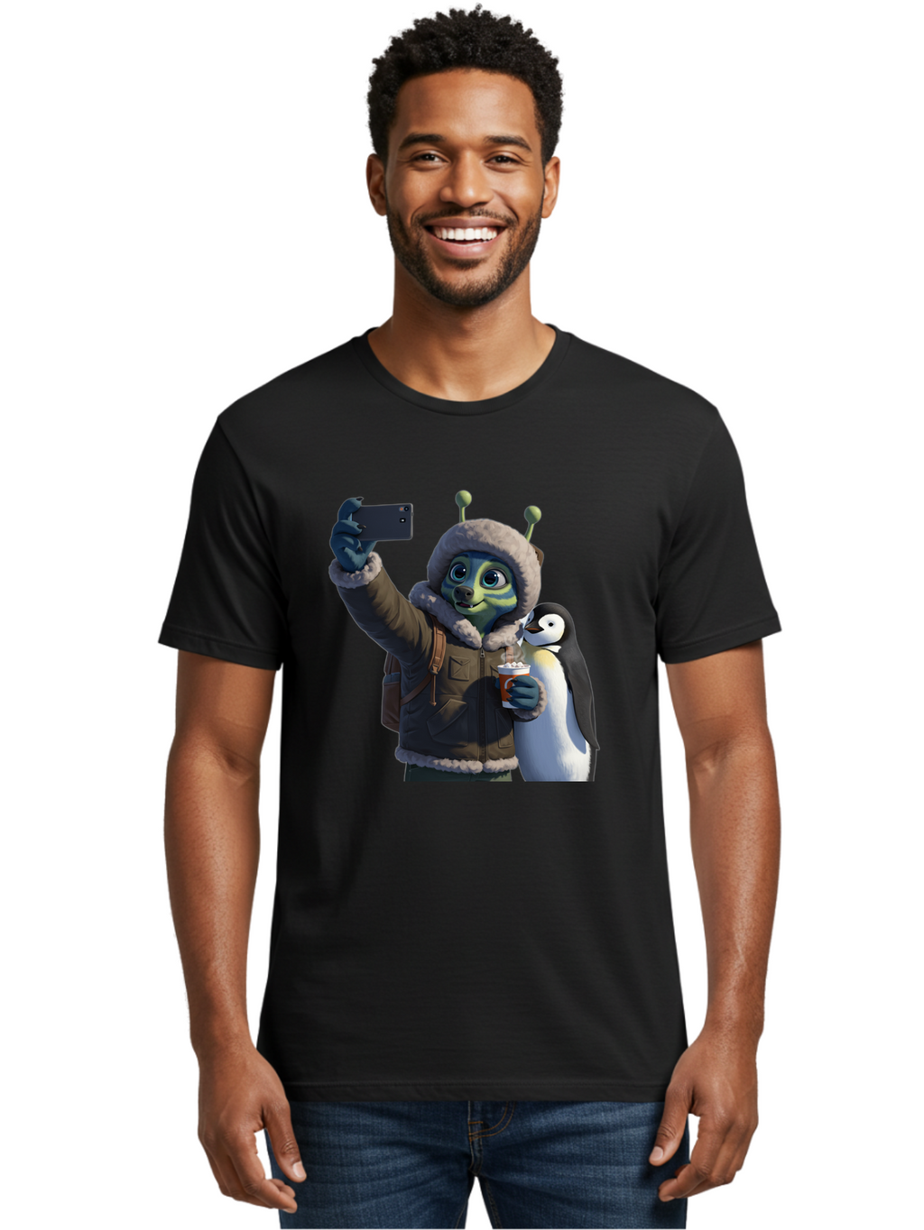 Alien-With-Penguin Men'S Graphic Tee, 100% Cotton, Comfortable Casual Summer Wear, Machine Washable, Vintage Camera, Old Camera, Antique Camera, Black Camera, Classic Photography, Photography Equipment, Nostalgic Device, Film Camera, Baj926