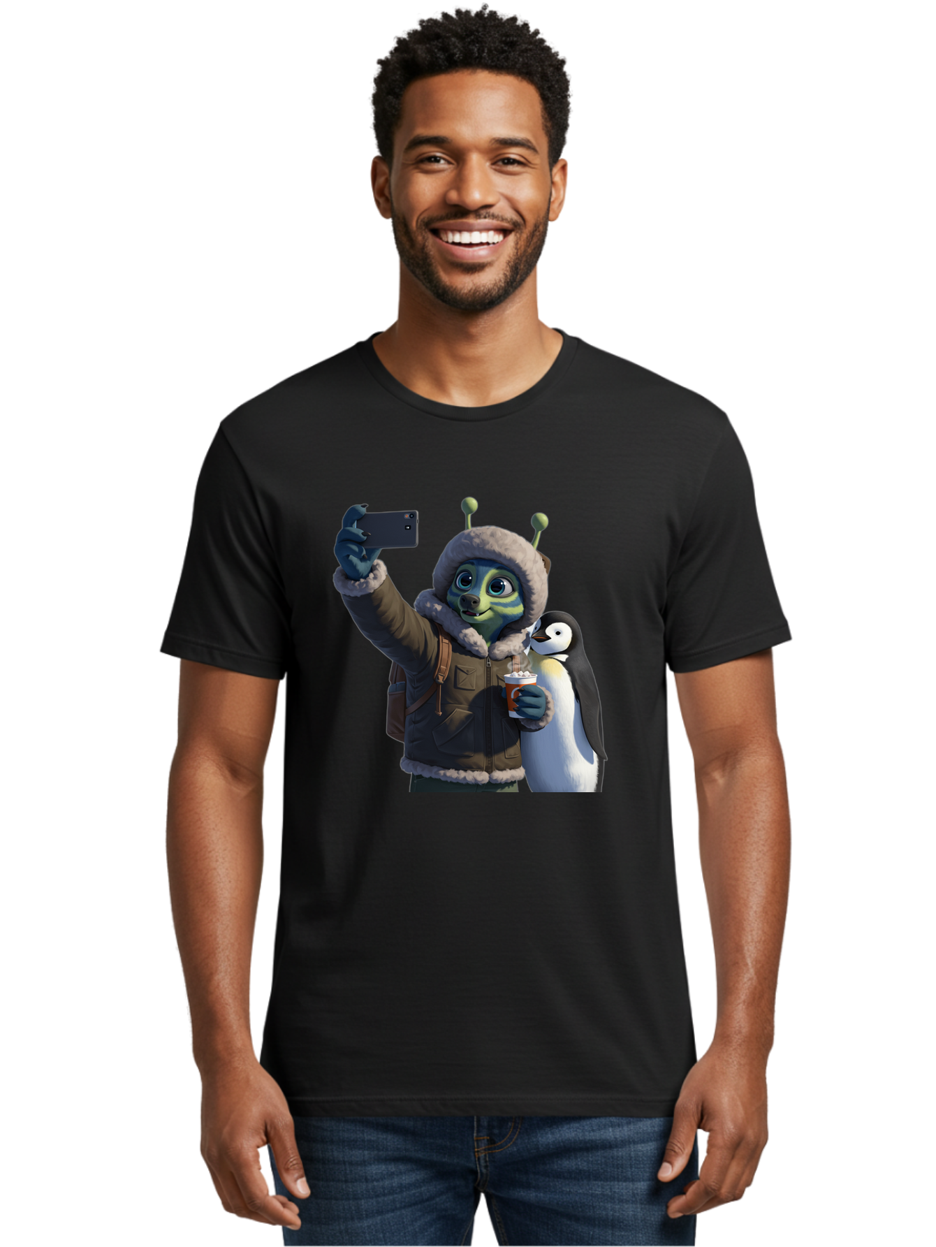 Alien-With-Penguin Men'S Graphic Tee, 100% Cotton, Comfortable Casual Summer Wear, Machine Washable, Vintage Camera, Old Camera, Antique Camera, Black Camera, Classic Photography, Photography Equipment, Nostalgic Device, Film Camera, Baj926