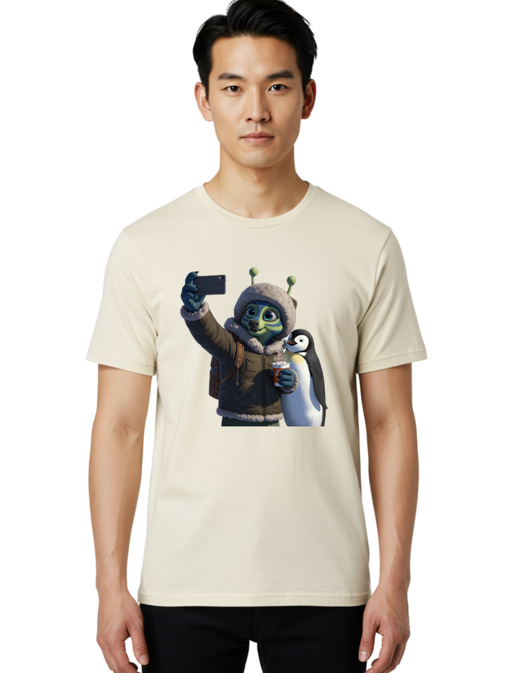 Alien-With-Penguin Men'S Graphic Tee, 100% Cotton, Comfortable Casual Summer Wear, Machine Washable, Vintage Camera, Old Camera, Antique Camera, Black Camera, Classic Photography, Photography Equipment, Nostalgic Device, Film Camera, Baj926