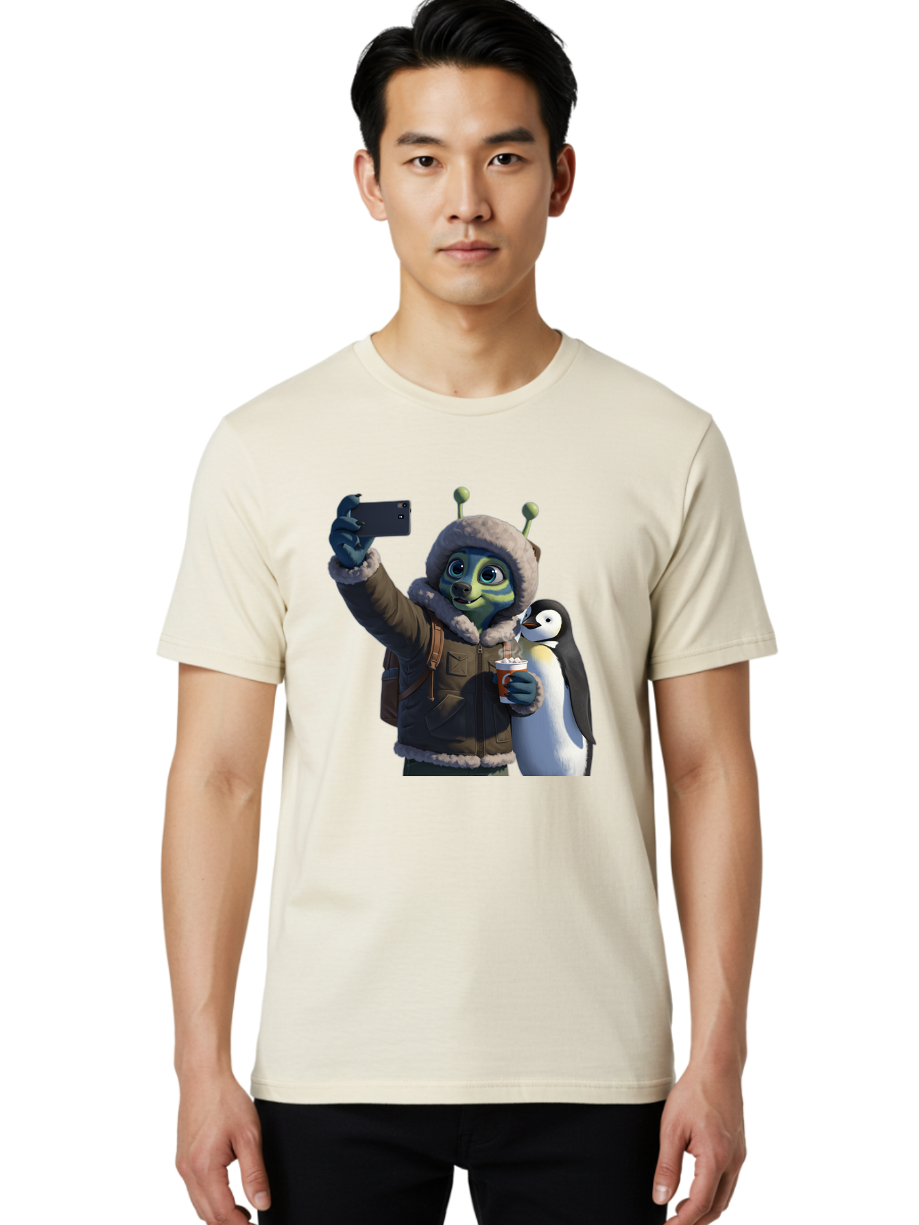 Alien-With-Penguin Men'S Graphic Tee, 100% Cotton, Comfortable Casual Summer Wear, Machine Washable, Vintage Camera, Old Camera, Antique Camera, Black Camera, Classic Photography, Photography Equipment, Nostalgic Device, Film Camera, Baj926