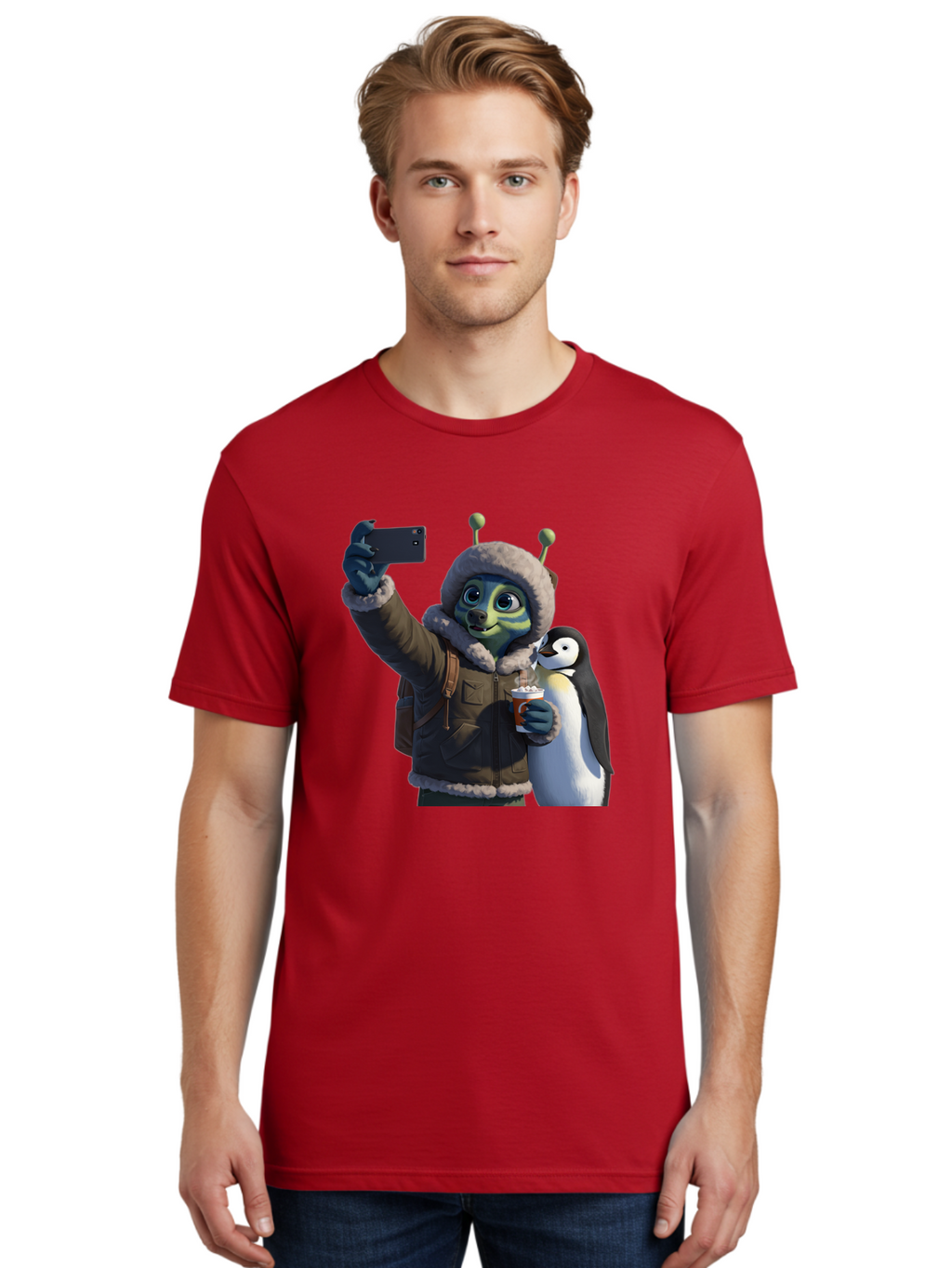 Alien-With-Penguin Men'S Graphic Tee, 100% Cotton, Comfortable Casual Summer Wear, Machine Washable, Vintage Camera, Old Camera, Antique Camera, Black Camera, Classic Photography, Photography Equipment, Nostalgic Device, Film Camera, Baj926