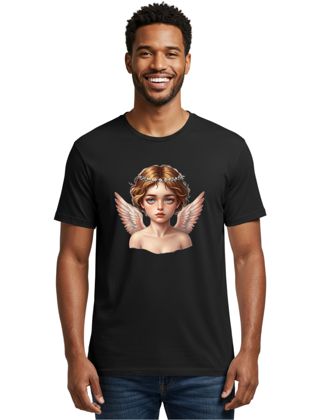 Angel-Portrait-1 Men'S Graphic Tee, 100% Cotton, Comfortable Casual Summer Wear, Machine Washable, Vintage Camera, Old Camera, Antique Camera, Black Camera, Classic Photography, Photography Equipment, Nostalgic Device, Film Camera, Camera Art Baj941