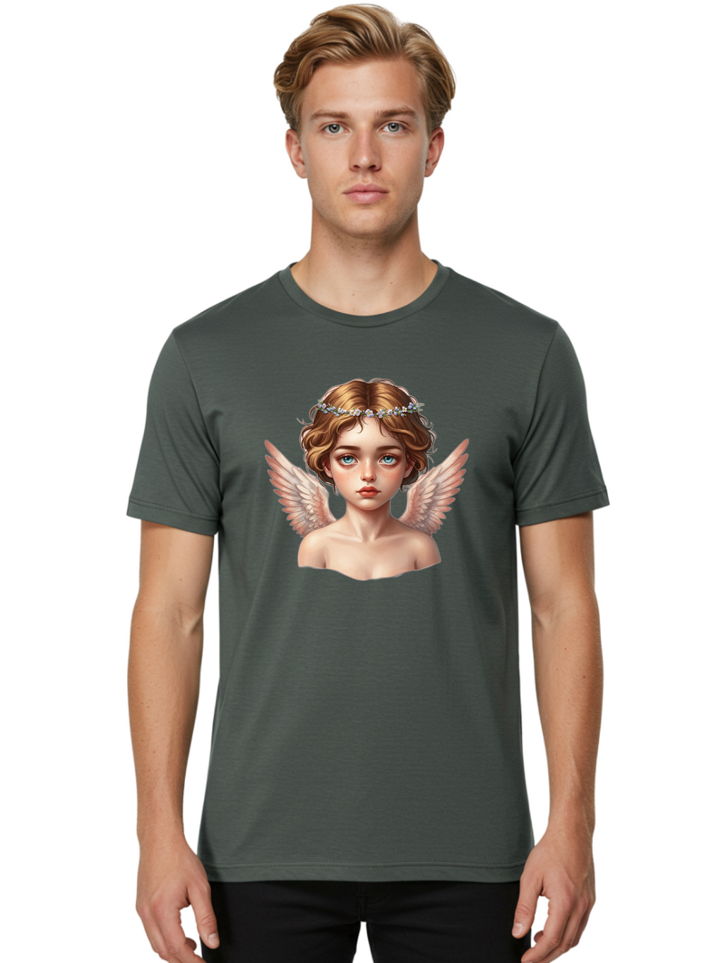 Angel-Portrait-1 Men'S Graphic Tee, 100% Cotton, Comfortable Casual Summer Wear, Machine Washable, Vintage Camera, Old Camera, Antique Camera, Black Camera, Classic Photography, Photography Equipment, Nostalgic Device, Film Camera, Camera Art Baj941