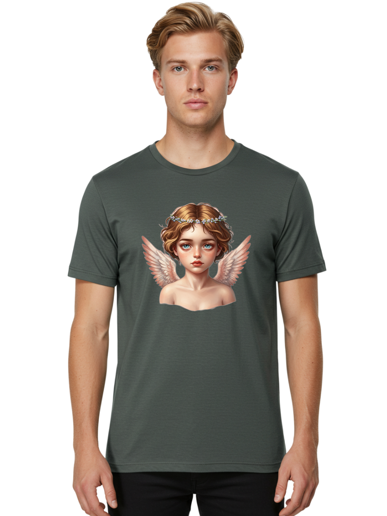 Angel-Portrait-1 Men'S Graphic Tee, 100% Cotton, Comfortable Casual Summer Wear, Machine Washable, Vintage Camera, Old Camera, Antique Camera, Black Camera, Classic Photography, Photography Equipment, Nostalgic Device, Film Camera, Camera Art Baj941