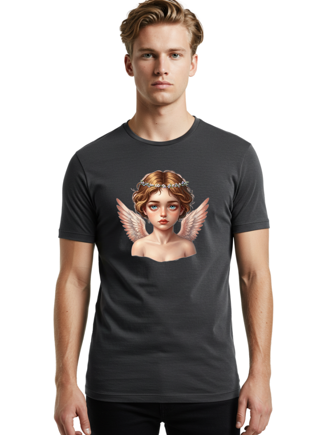 Angel-Portrait-1 Men'S Graphic Tee, 100% Cotton, Comfortable Casual Summer Wear, Machine Washable, Vintage Camera, Old Camera, Antique Camera, Black Camera, Classic Photography, Photography Equipment, Nostalgic Device, Film Camera, Camera Art Baj941