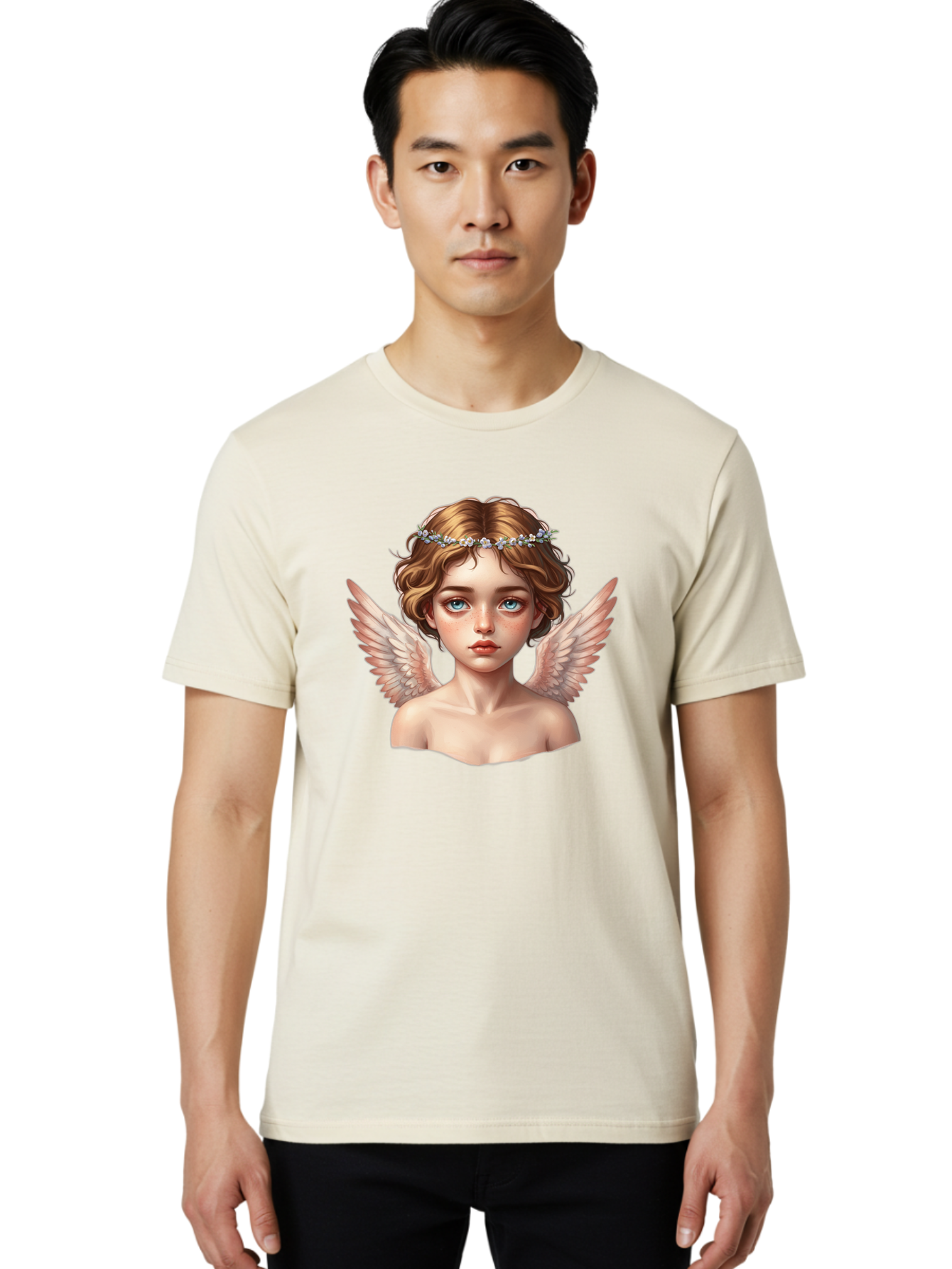 Angel-Portrait-1 Men'S Graphic Tee, 100% Cotton, Comfortable Casual Summer Wear, Machine Washable, Vintage Camera, Old Camera, Antique Camera, Black Camera, Classic Photography, Photography Equipment, Nostalgic Device, Film Camera, Camera Art Baj941