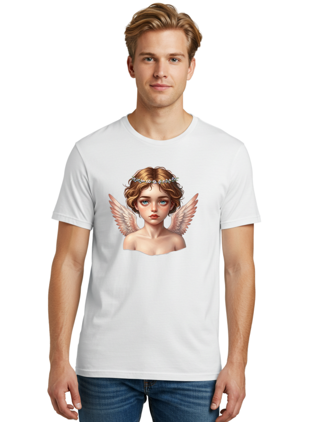 Angel-Portrait-1 Men'S Graphic Tee, 100% Cotton, Comfortable Casual Summer Wear, Machine Washable, Vintage Camera, Old Camera, Antique Camera, Black Camera, Classic Photography, Photography Equipment, Nostalgic Device, Film Camera, Camera Art Baj941