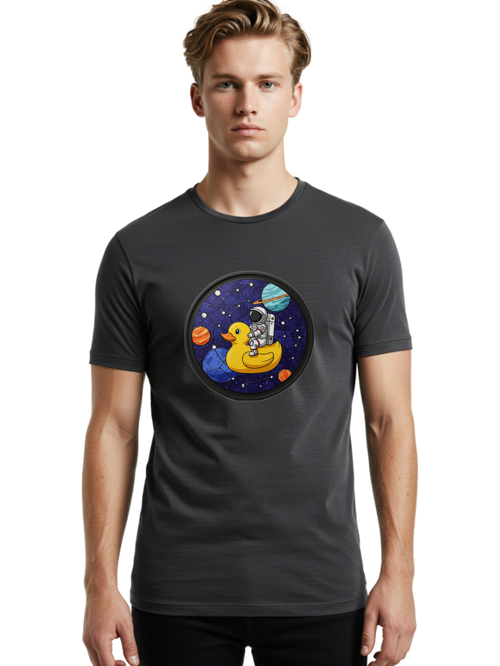 Astronaut-On-Duck-1 Men'S Graphic Tee, 100% Cotton, Comfortable Casual Summer Wear, Machine Washable, Vintage Camera, Old Camera, Antique Camera, Black Camera, Classic Photography, Photography Equipment, Nostalgic Device, Film Camera, Baj970