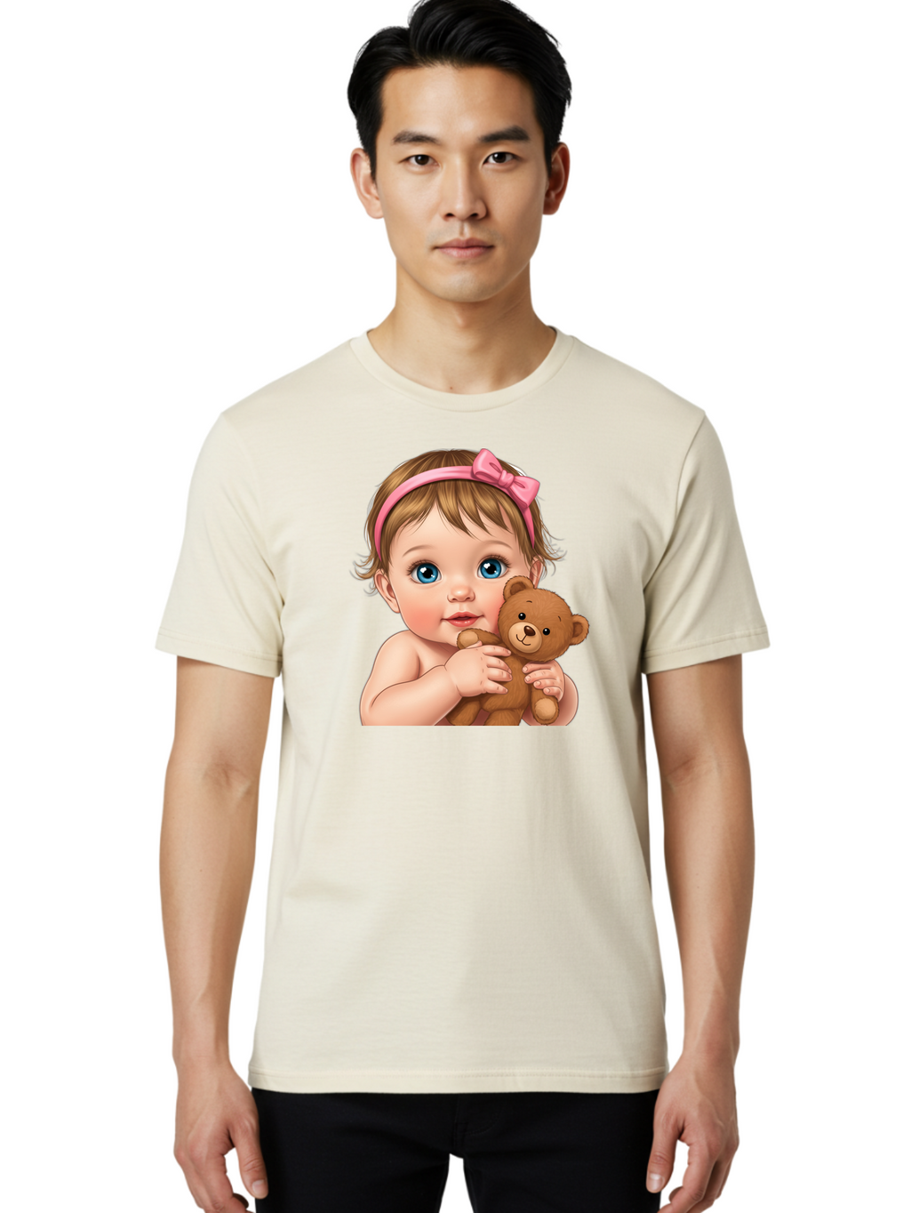 Baby-Girl-With-Teddy-1 Men'S Graphic Tee, 100% Cotton, Comfortable Casual Summer Wear, Machine Washable, Vintage Camera, Old Camera, Antique Camera, Black Camera, Classic Photography, Photography Equipment, Nostalgic Device, Film Camera, Bak008