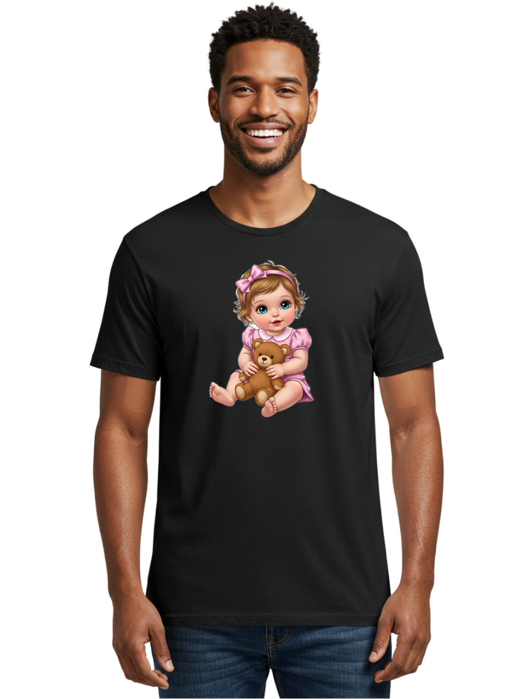 Baby-Girl-With-Teddy-Bear-1 Men'S Graphic Tee, 100% Cotton, Comfortable Casual Summer Wear, Machine Washable, Vintage Camera, Old Camera, Antique Camera, Black Camera, Classic Photography, Photography Equipment, Nostalgic Device, Film Camera, Bak011