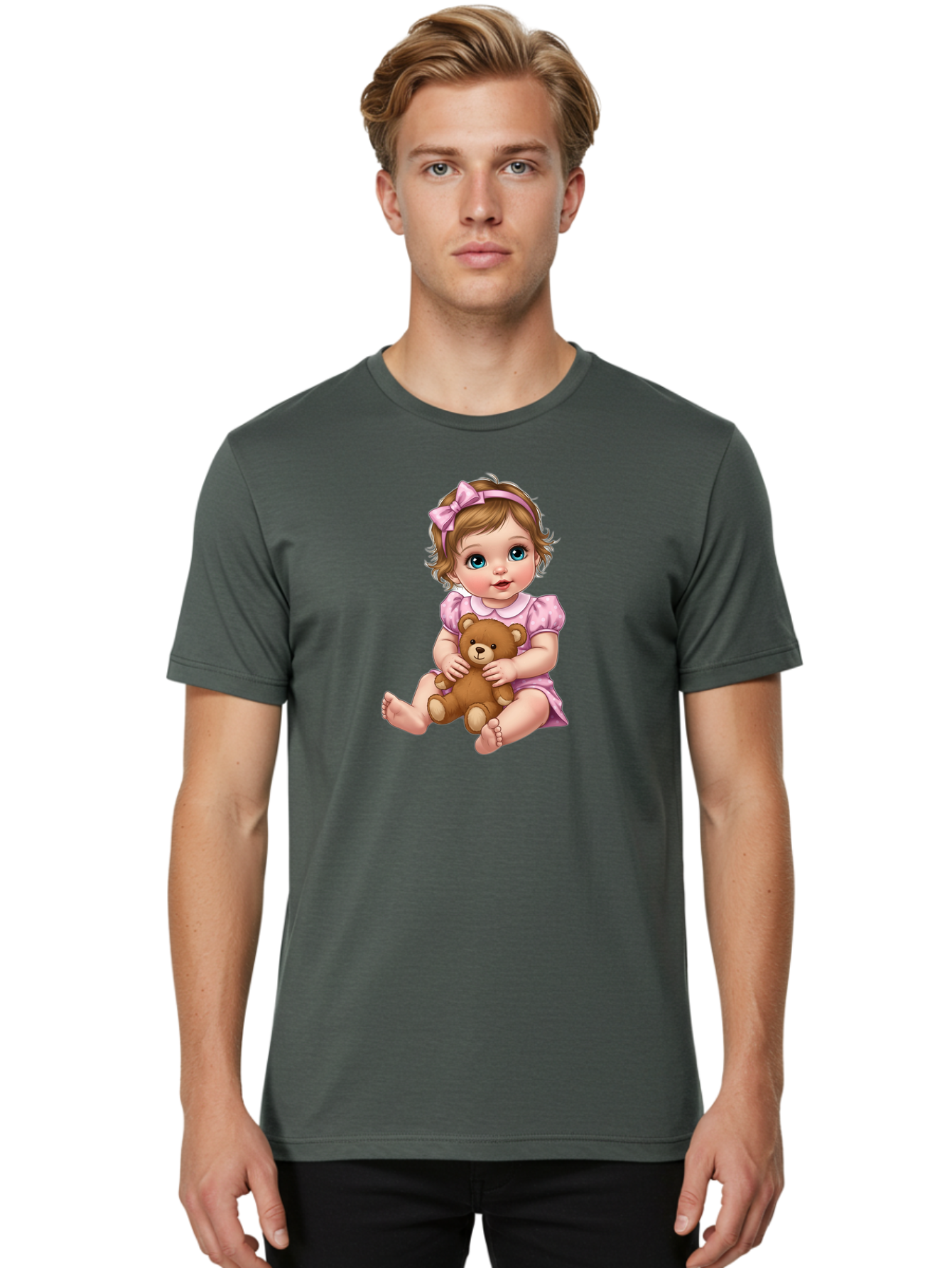 Baby-Girl-With-Teddy-Bear-1 Men'S Graphic Tee, 100% Cotton, Comfortable Casual Summer Wear, Machine Washable, Vintage Camera, Old Camera, Antique Camera, Black Camera, Classic Photography, Photography Equipment, Nostalgic Device, Film Camera, Bak011