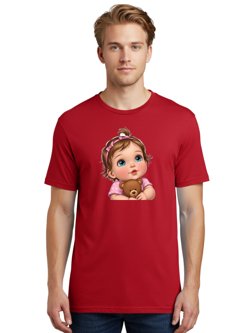 Baby-Girl-With-Teddy-Bear-2 Men'S Graphic Tee, 100% Cotton, Comfortable Casual Summer Wear, Machine Washable, Vintage Camera, Old Camera, Antique Camera, Black Camera, Classic Photography, Photography Equipment, Nostalgic Device, Film Camera, Bak012