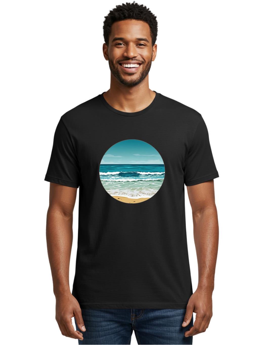 Beach-Scene-1 Men'S Graphic Tee, 100% Cotton, Comfortable Casual Summer Wear, Machine Washable, Vintage Camera, Old Camera, Antique Camera, Black Camera, Classic Photography, Photography Equipment, Nostalgic Device, Film Camera, Camera Art Bak036