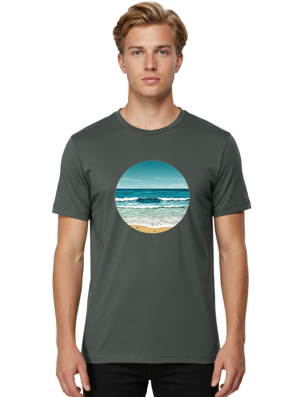 Beach-Scene-1 Men'S Graphic Tee, 100% Cotton, Comfortable Casual Summer Wear, Machine Washable, Vintage Camera, Old Camera, Antique Camera, Black Camera, Classic Photography, Photography Equipment, Nostalgic Device, Film Camera, Camera Art Bak036
