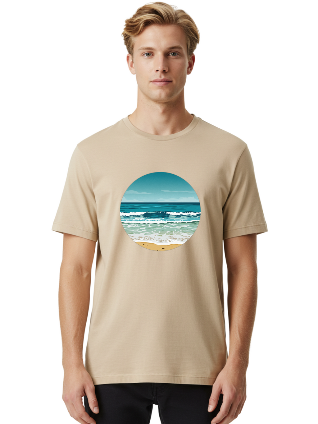 Beach-Scene-1 Men'S Graphic Tee, 100% Cotton, Comfortable Casual Summer Wear, Machine Washable, Vintage Camera, Old Camera, Antique Camera, Black Camera, Classic Photography, Photography Equipment, Nostalgic Device, Film Camera, Camera Art Bak036