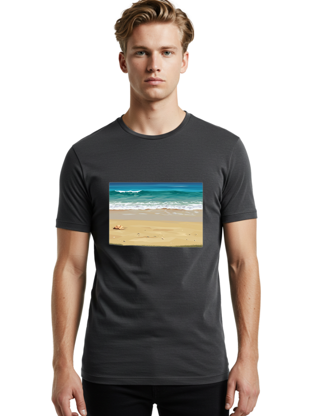 Beach-Scene-2 Men'S Graphic Tee, 100% Cotton, Comfortable Casual Summer Wear, Machine Washable, Vintage Camera, Old Camera, Antique Camera, Black Camera, Classic Photography, Photography Equipment, Nostalgic Device, Film Camera, Camera Art Bak037